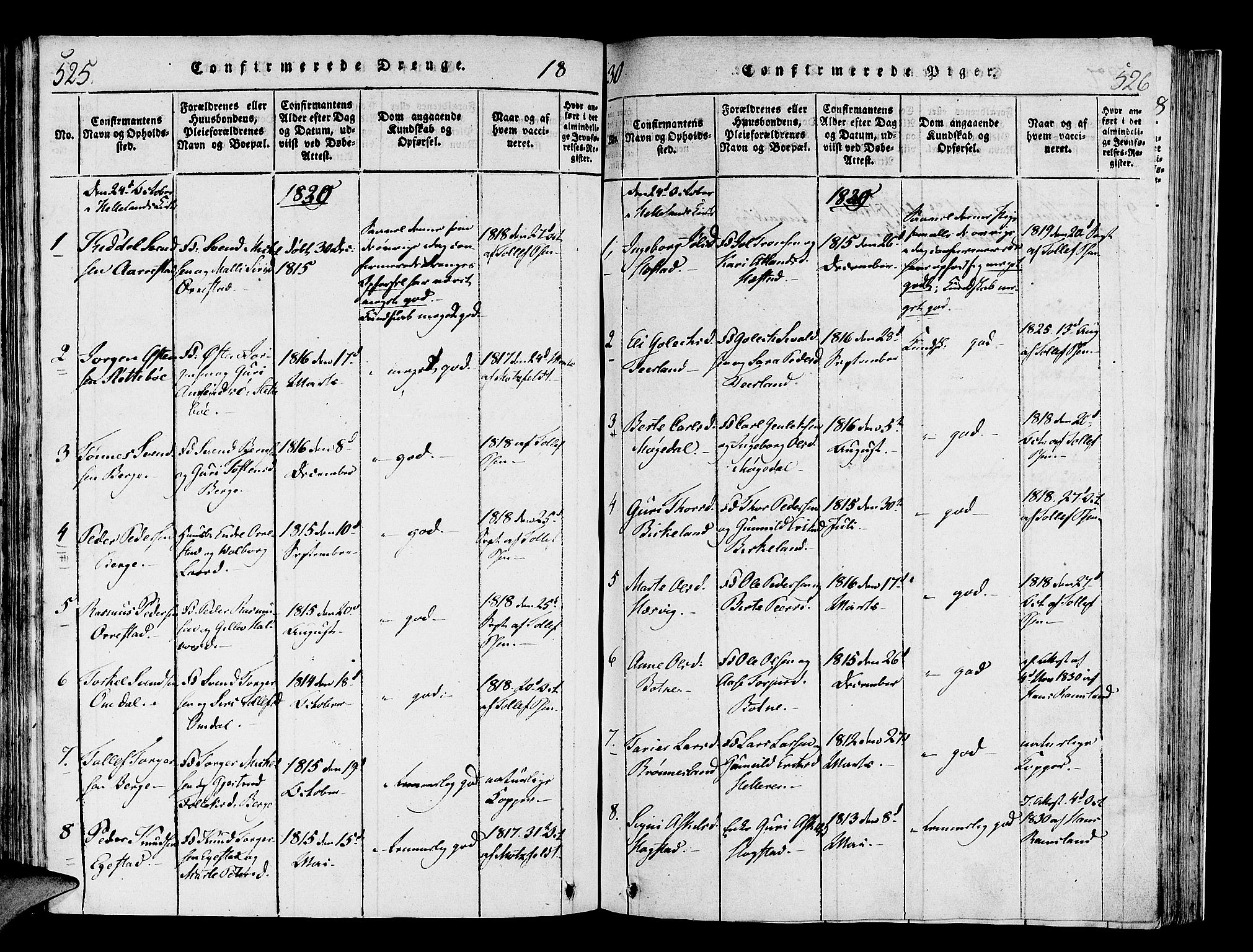 Helleland sokneprestkontor, AV/SAST-A-101810: Parish register (official) no. A 4, 1815-1834, p. 525-526