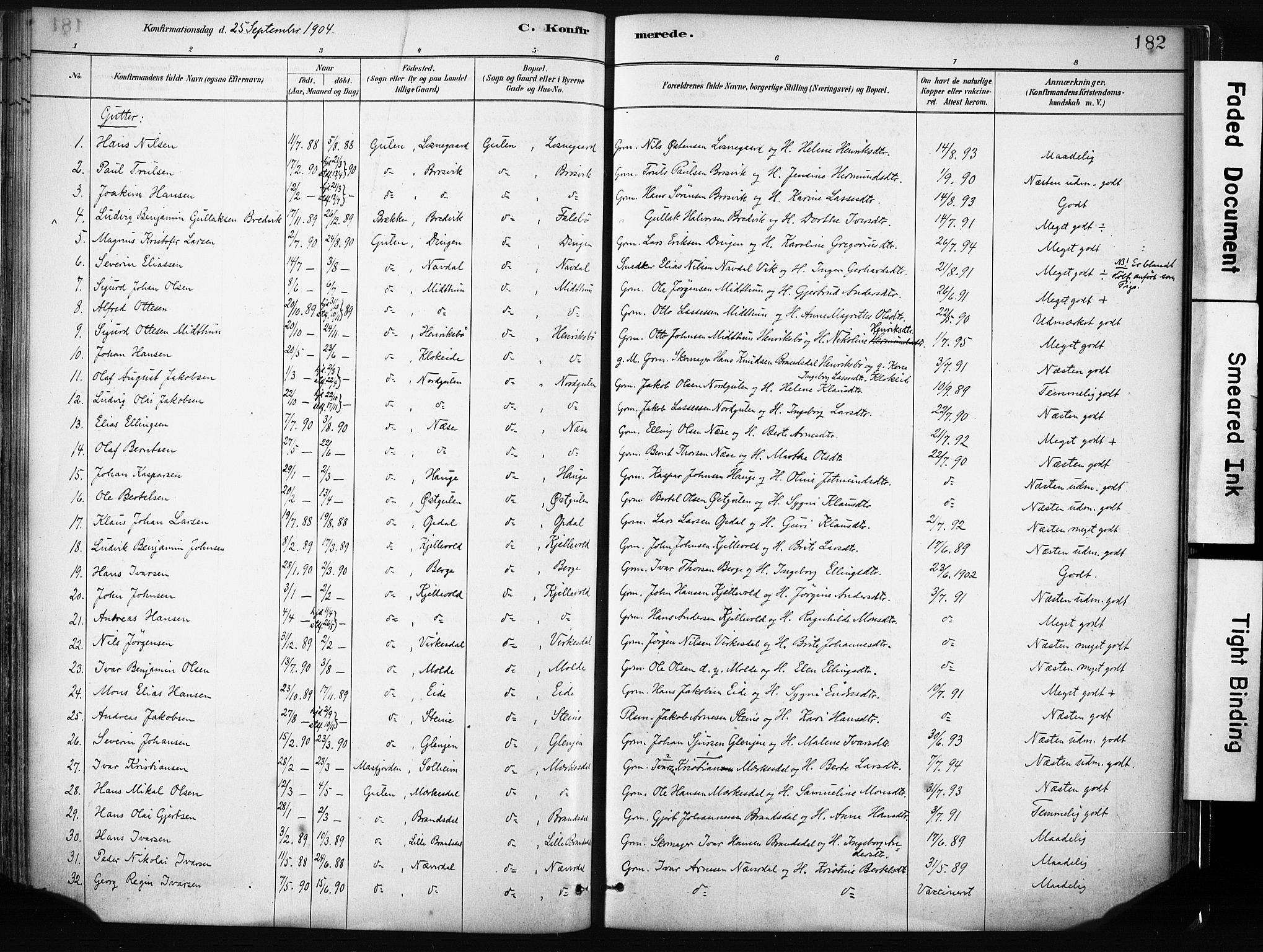 Gulen sokneprestembete, SAB/A-80201/H/Haa/Haab/L0001: Parish register (official) no. B 1, 1881-1905, p. 182