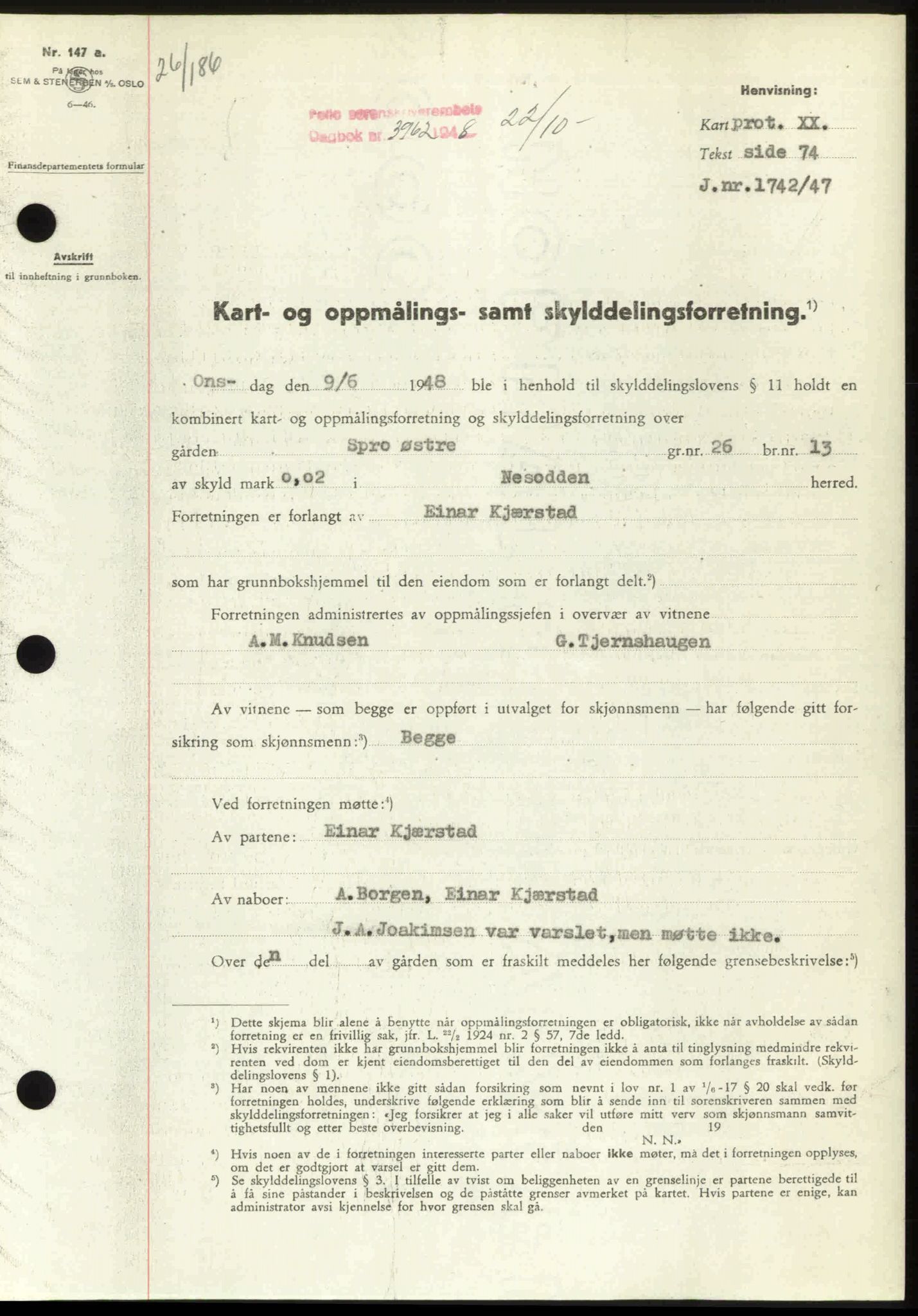 Follo sorenskriveri, SAO/A-10274/G/Ga/Gaa/L0085: Mortgage book no. I 85, 1948-1948, Diary no: : 3962/1948