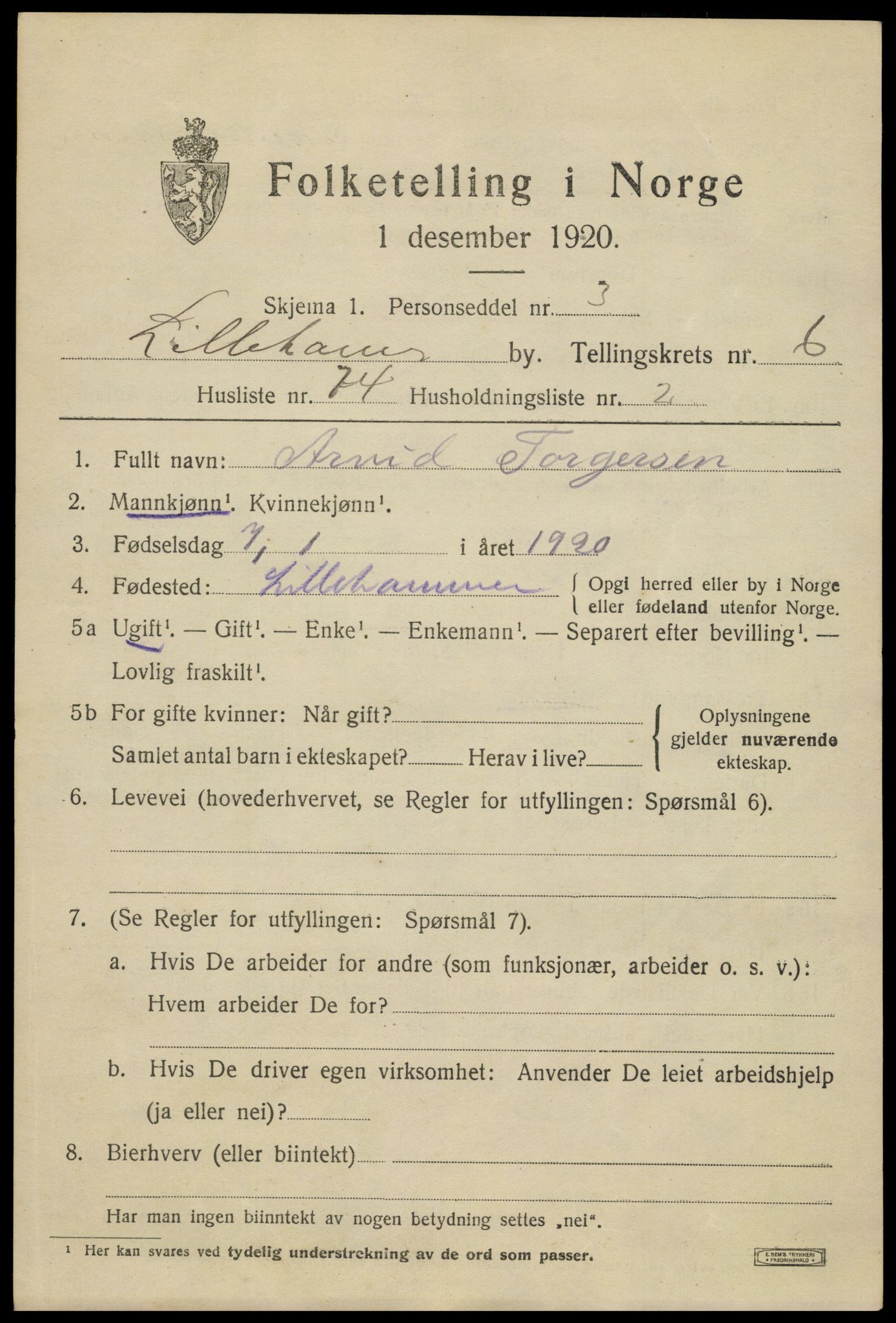 SAH, 1920 census for Lillehammer, 1920, p. 9400