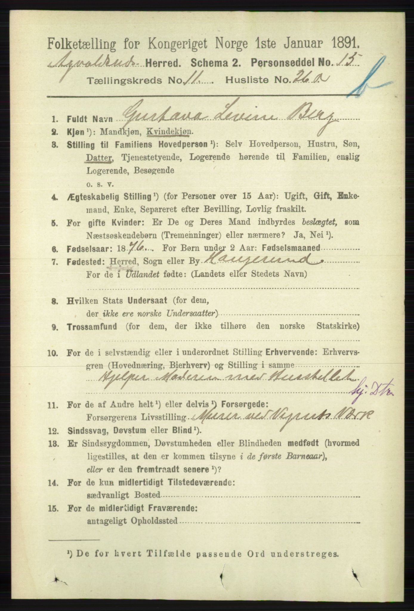RA, 1891 census for 1147 Avaldsnes, 1891, p. 6463