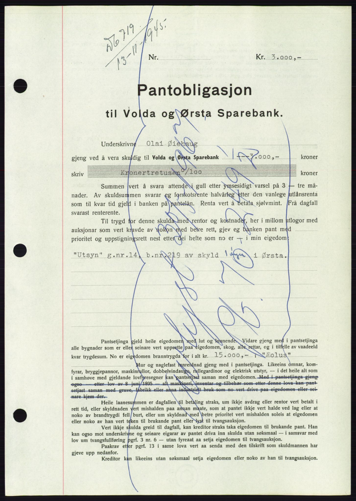Søre Sunnmøre sorenskriveri, AV/SAT-A-4122/1/2/2C/L0114: Mortgage book no. 1-2B, 1943-1947, Diary no: : 719/1945