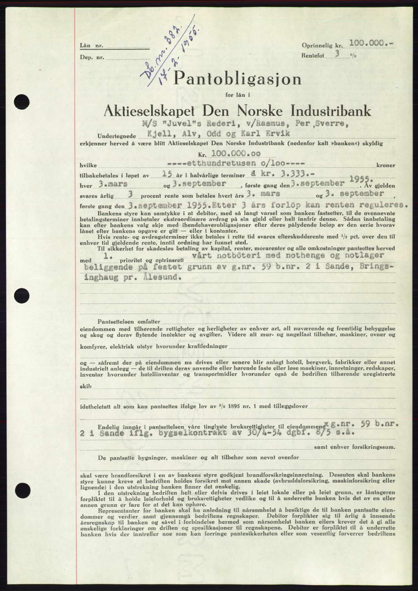 Søre Sunnmøre sorenskriveri, AV/SAT-A-4122/1/2/2C/L0126: Mortgage book no. 14B, 1954-1955, Diary no: : 382/1955