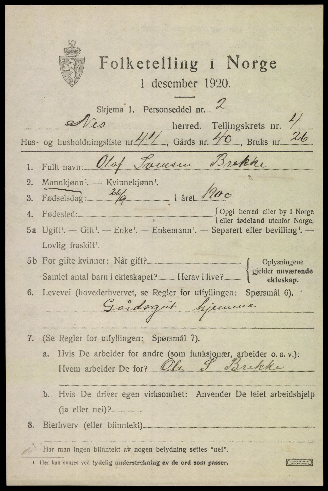 SAKO, 1920 census for Nes (Buskerud), 1920, p. 2490