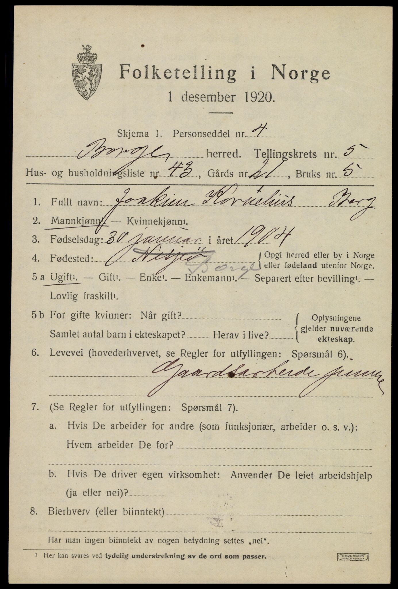 SAT, 1920 census for Borge, 1920, p. 5609