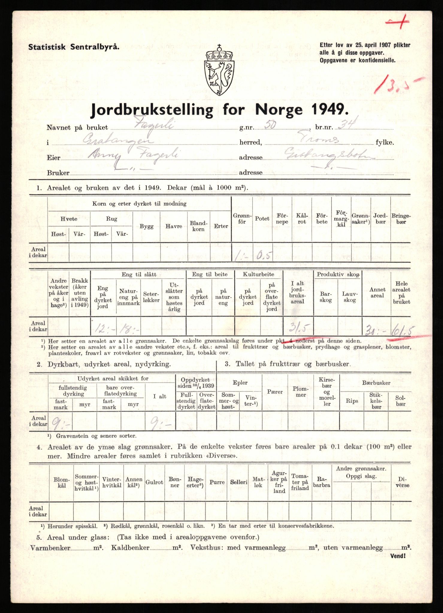 Statistisk sentralbyrå, Næringsøkonomiske emner, Jordbruk, skogbruk, jakt, fiske og fangst, AV/RA-S-2234/G/Gc/L0437: Troms: Gratangen og Lavangen, 1949, p. 888