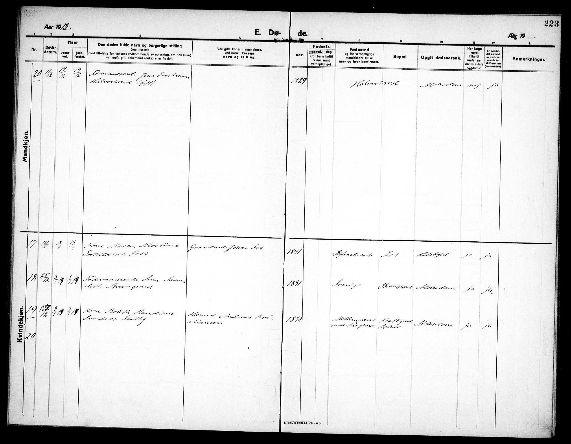 Høland prestekontor Kirkebøker, SAO/A-10346a/F/Fa/L0016: Parish register (official) no. I 16, 1912-1921, p. 223