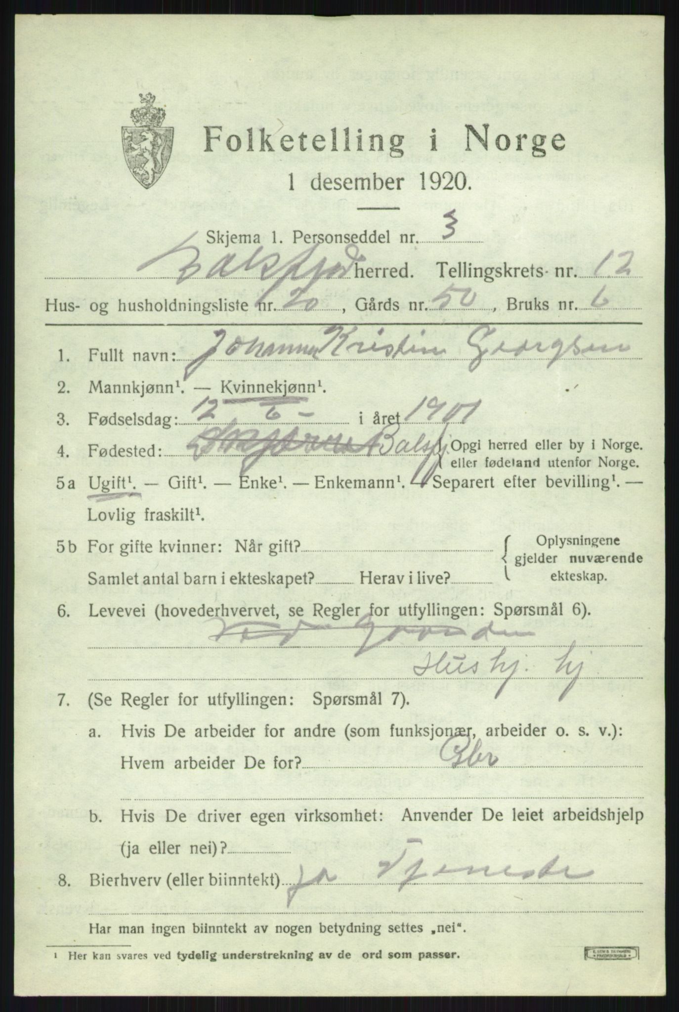 SATØ, 1920 census for Balsfjord, 1920, p. 7487