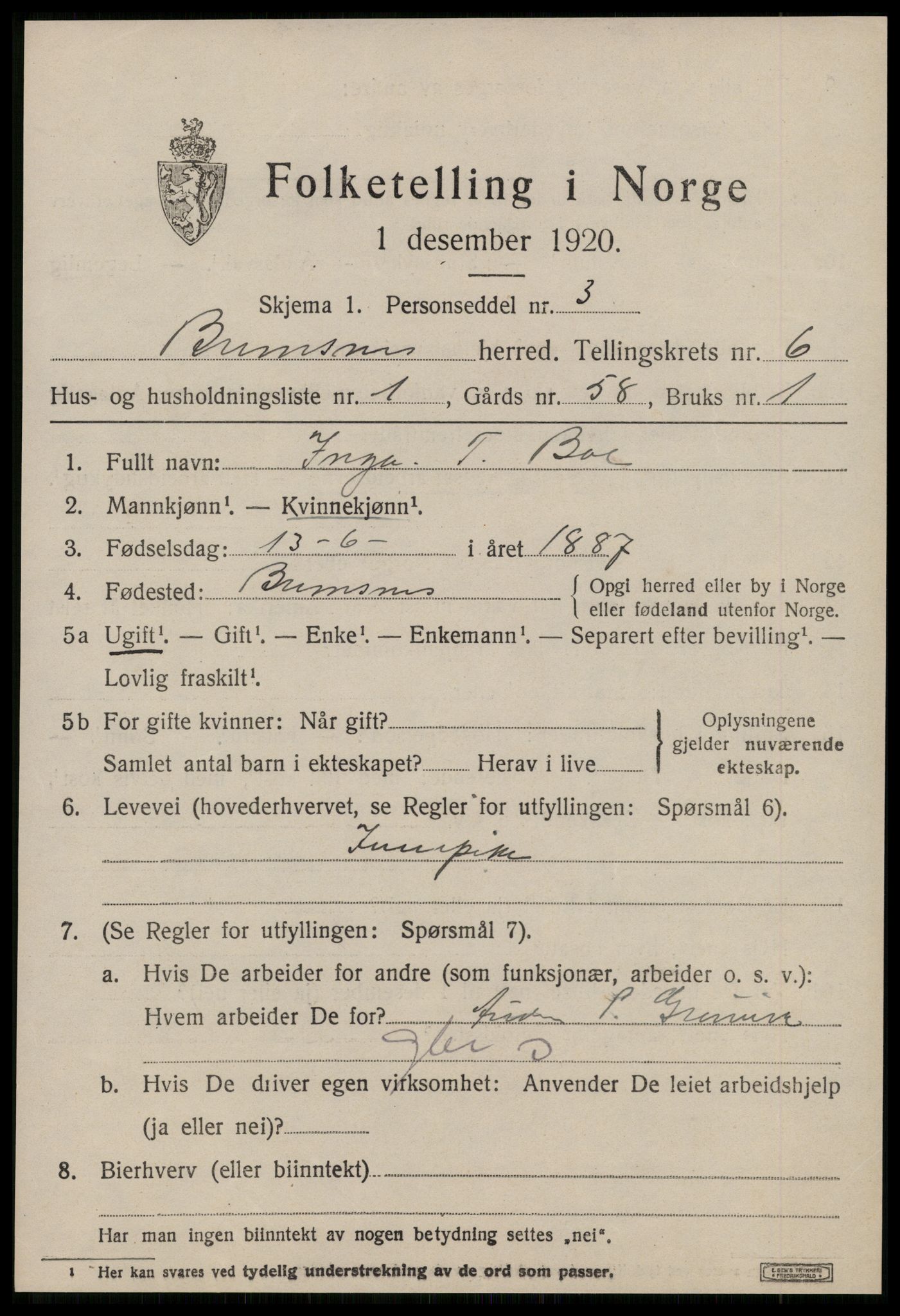 SAT, 1920 census for Bremsnes, 1920, p. 5149