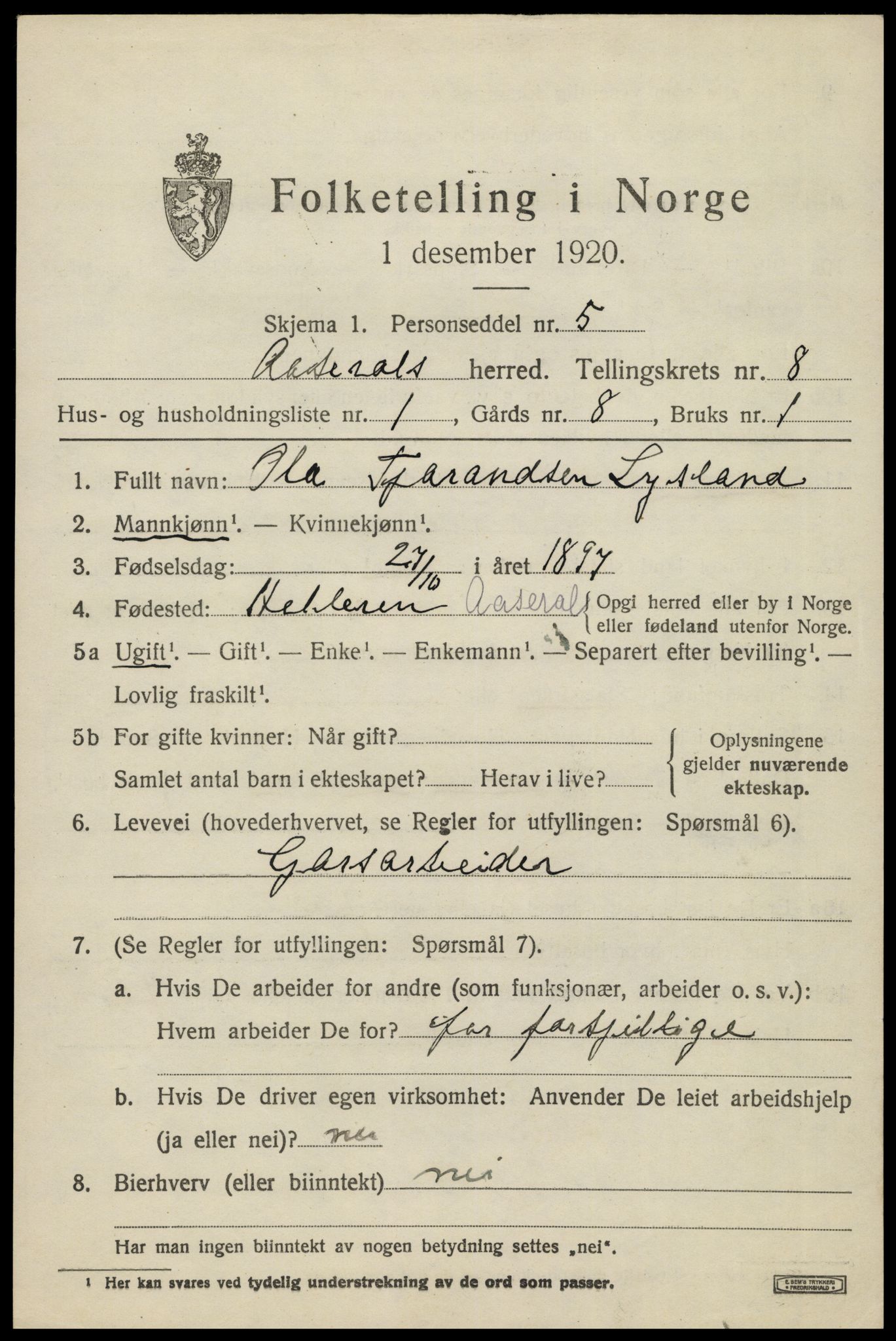 SAK, 1920 census for Åseral, 1920, p. 2448