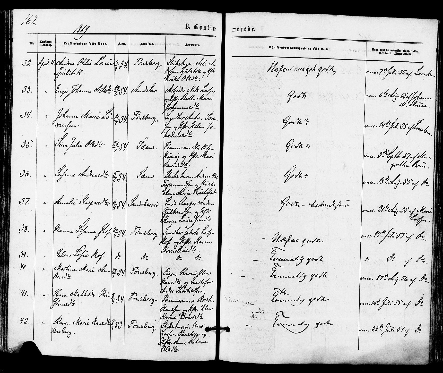 Tønsberg kirkebøker, AV/SAKO-A-330/F/Fa/L0009: Parish register (official) no. I 9, 1865-1873, p. 162