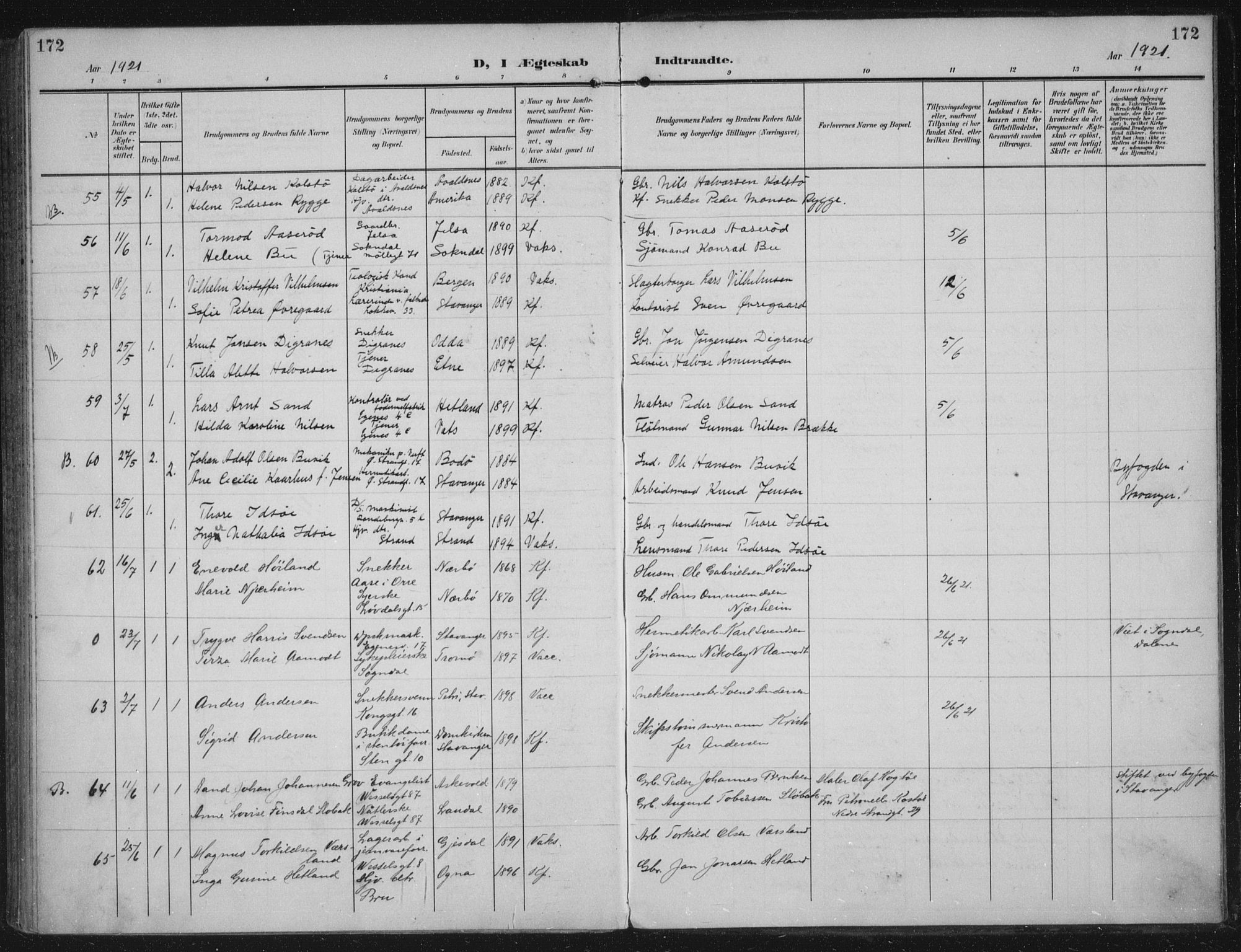 Domkirken sokneprestkontor, AV/SAST-A-101812/002/A/L0016: Parish register (official) no. A 33, 1905-1922, p. 172