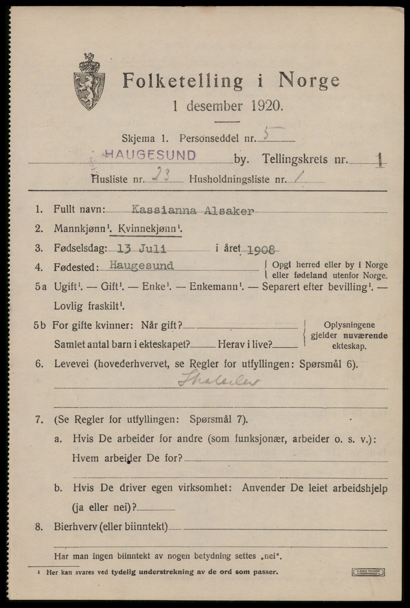 SAST, 1920 census for Haugesund, 1920, p. 11911