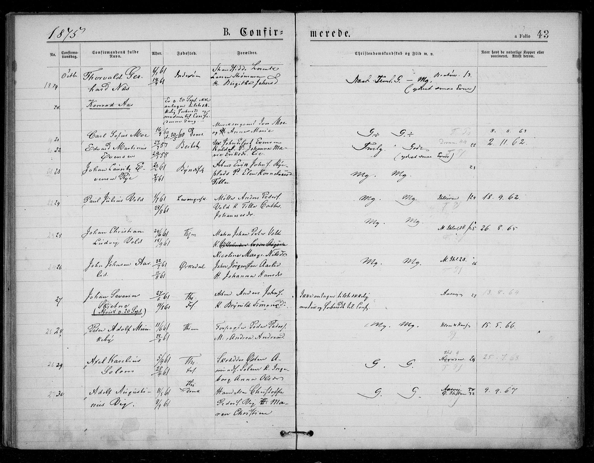 Ministerialprotokoller, klokkerbøker og fødselsregistre - Sør-Trøndelag, AV/SAT-A-1456/602/L0121: Parish register (official) no. 602A19, 1872-1879, p. 43