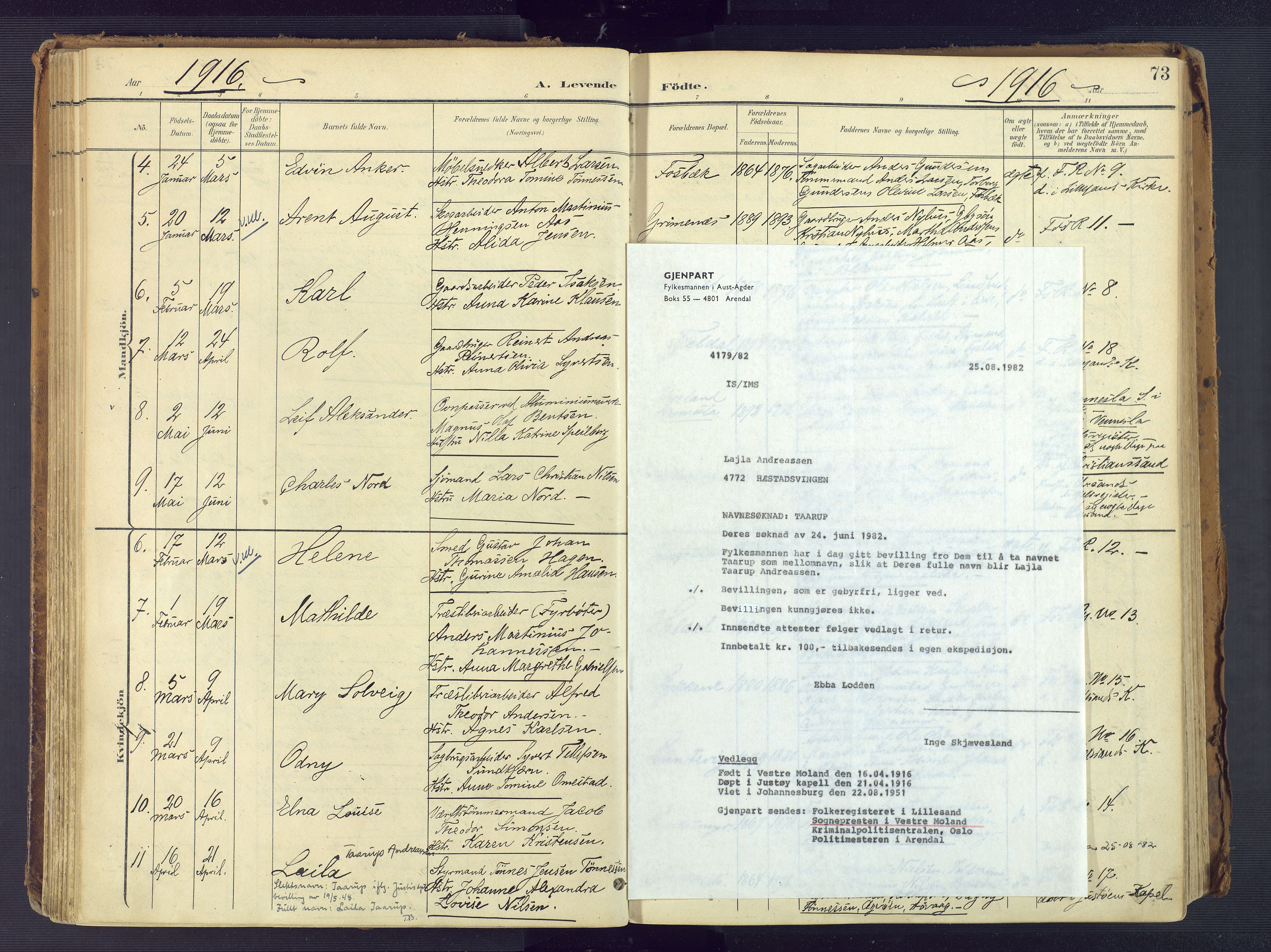 Vestre Moland sokneprestkontor, SAK/1111-0046/F/Fa/Fab/L0010: Parish register (official) no. A 10, 1900-1926, p. 73