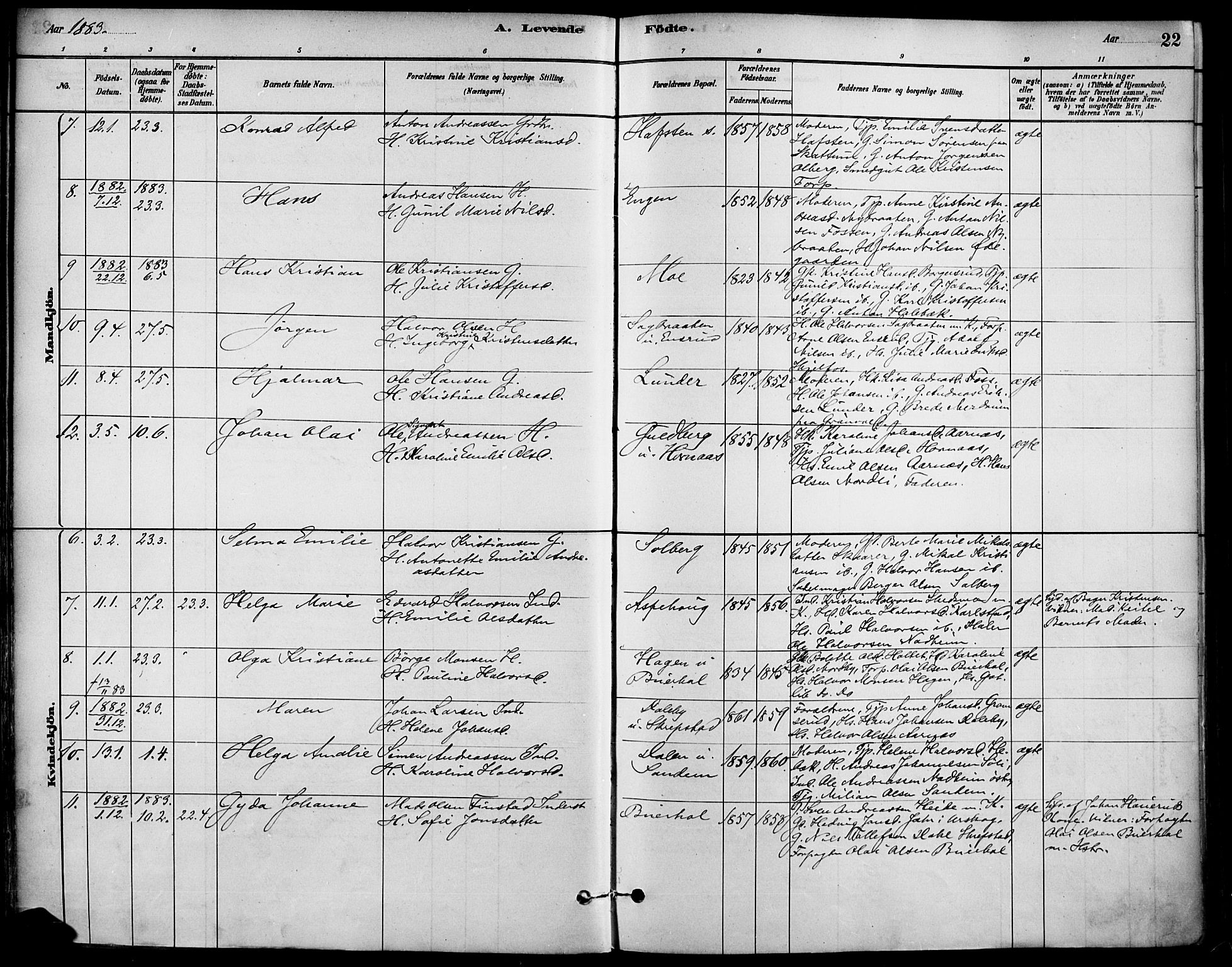 Høland prestekontor Kirkebøker, SAO/A-10346a/F/Fa/L0013: Parish register (official) no. I 13, 1880-1897, p. 22