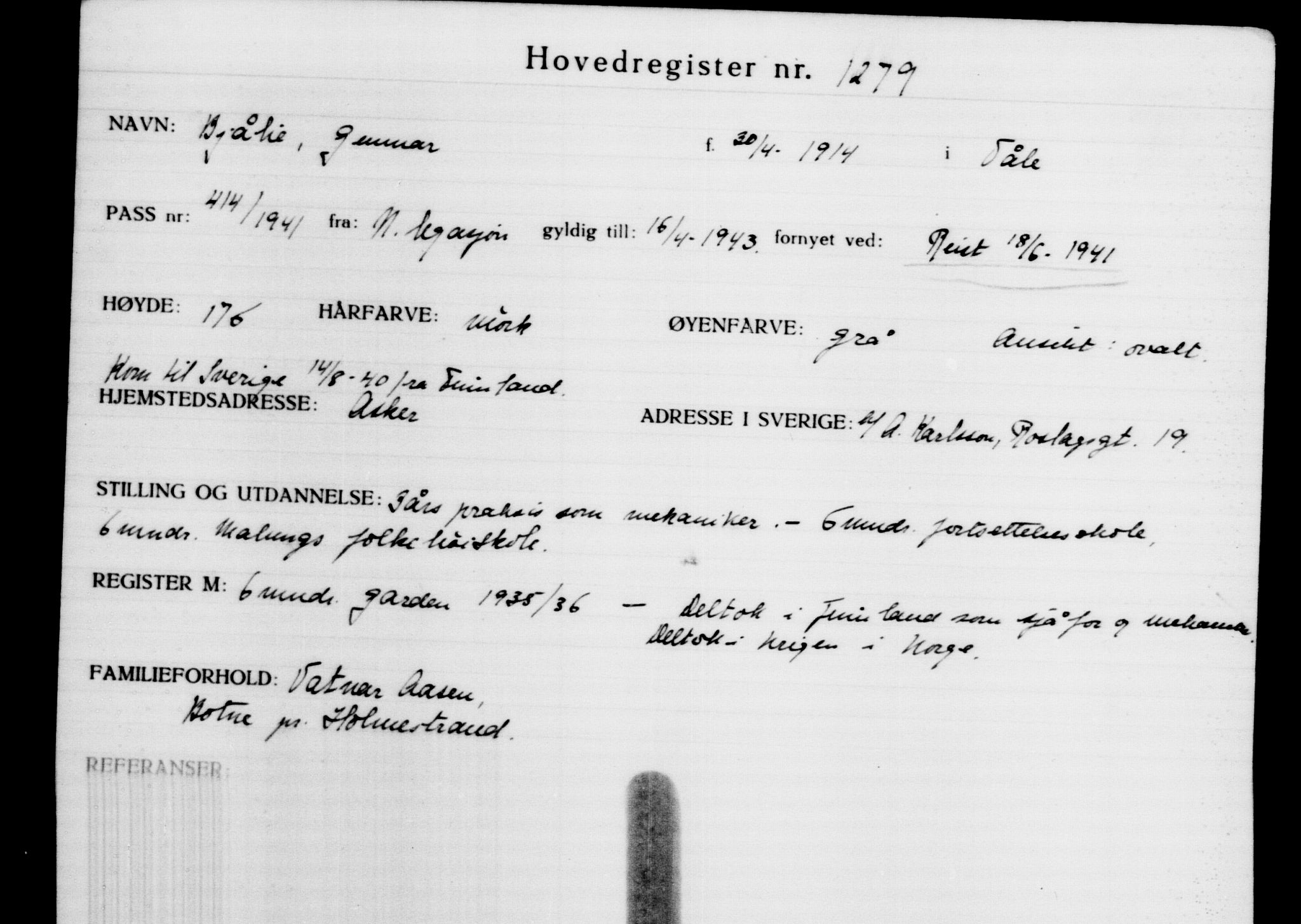 Utenriksstasjonene, Legasjonen i Stockholm, Flyktningkontoret, AV/RA-S-6753/V/Va/L0002: Kjesäterkartoteket, flyktninger med registreringsnr. 1001-2000, 1940-1945, p. 404