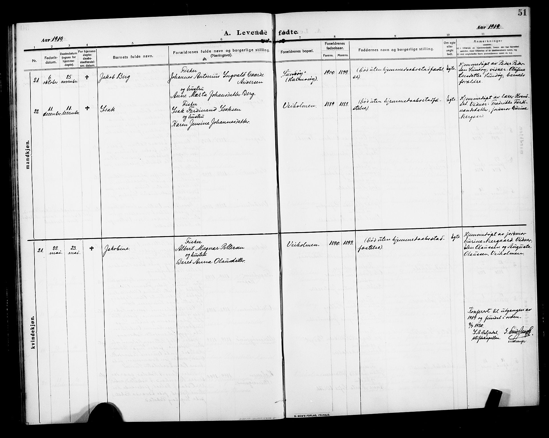 Ministerialprotokoller, klokkerbøker og fødselsregistre - Møre og Romsdal, SAT/A-1454/583/L0956: Parish register (copy) no. 583C01, 1909-1925, p. 51