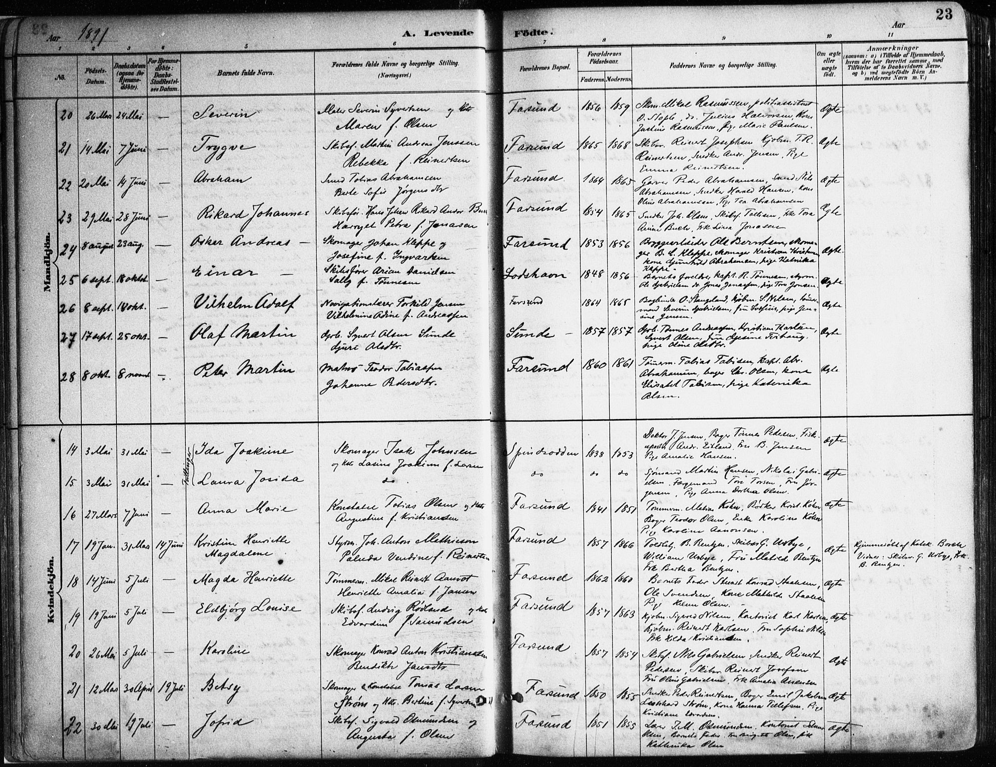 Farsund sokneprestkontor, SAK/1111-0009/F/Fa/L0006: Parish register (official) no. A 6, 1887-1920, p. 23