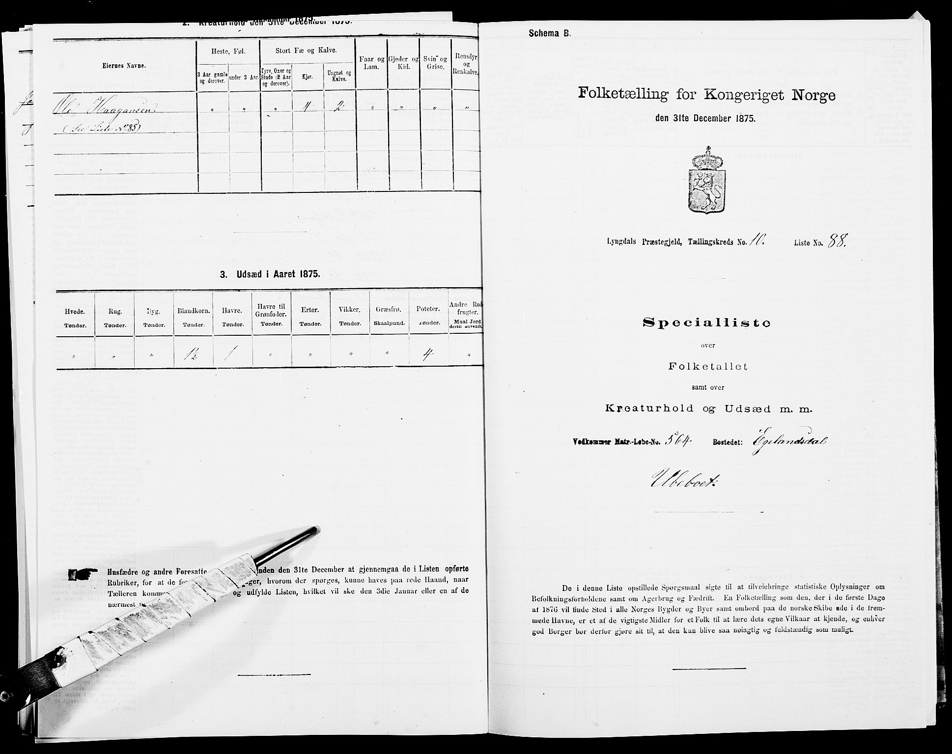 SAK, 1875 census for 1032P Lyngdal, 1875, p. 1696