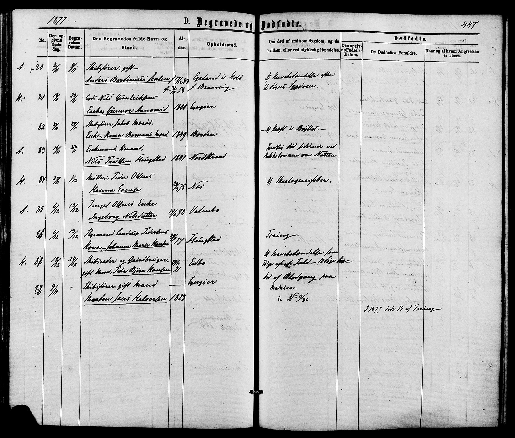 Dypvåg sokneprestkontor, SAK/1111-0007/F/Fa/Faa/L0007: Parish register (official) no. A 7/ 1, 1872-1884, p. 447