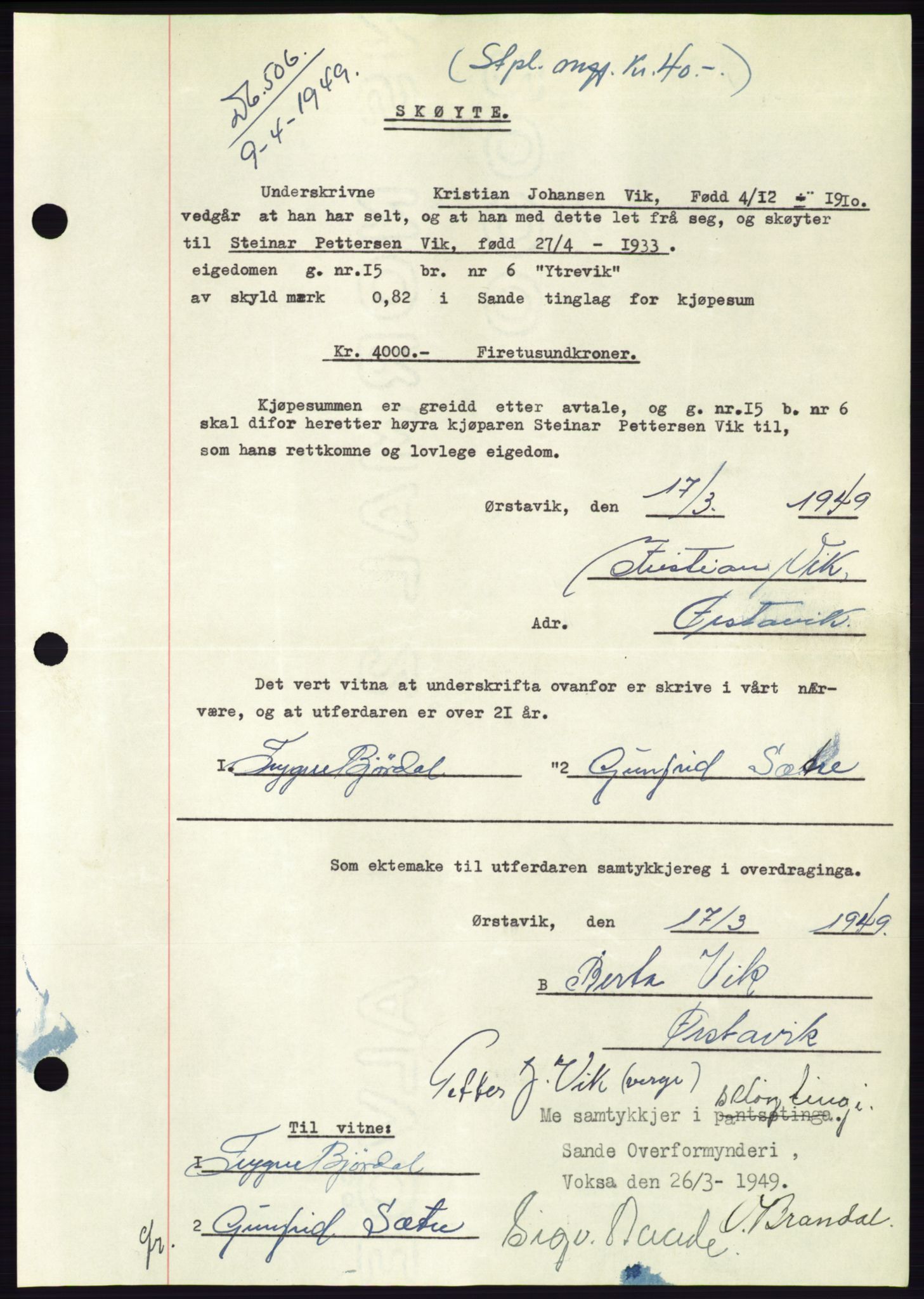 Søre Sunnmøre sorenskriveri, AV/SAT-A-4122/1/2/2C/L0084: Mortgage book no. 10A, 1949-1949, Diary no: : 506/1949