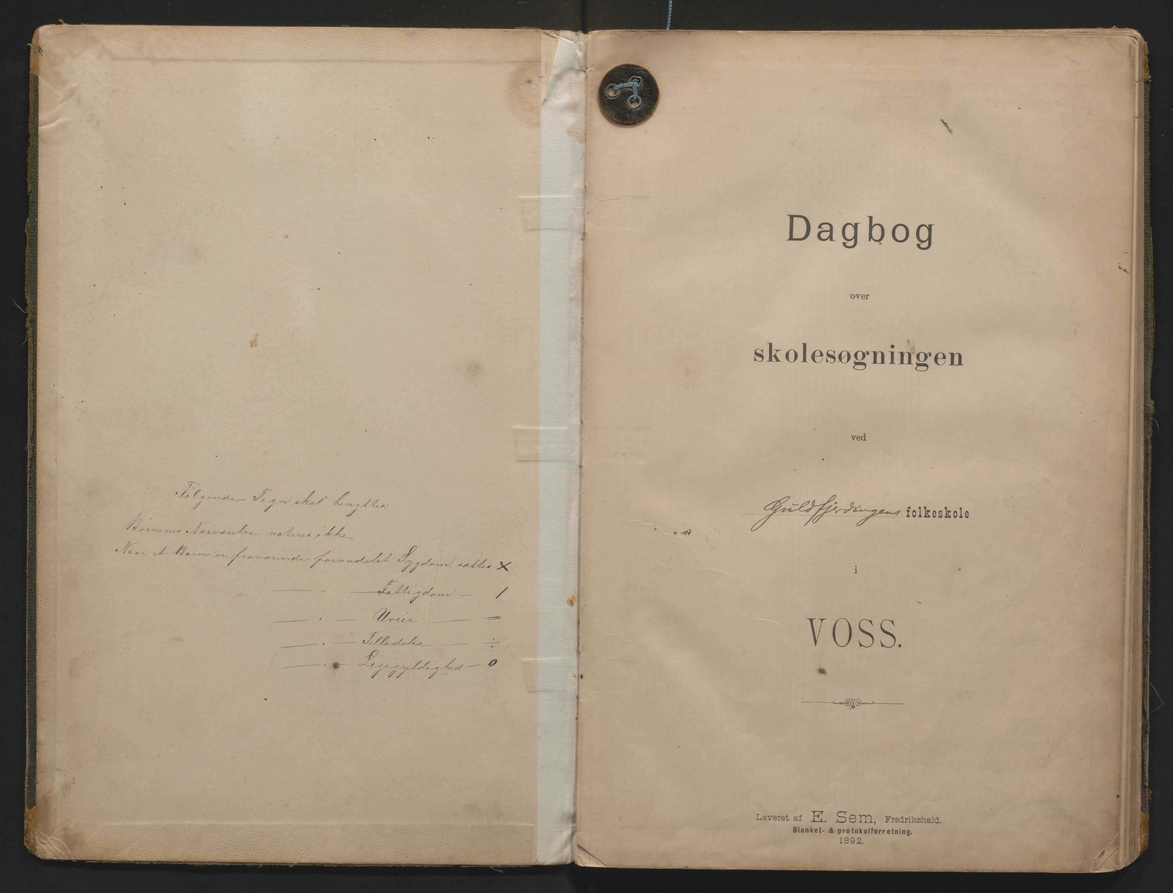 Voss kommune. Barneskulane, IKAH/1235-231/G/Gb/L0001: Dagbok for Gullfjordungen skule m/inventarliste, 1893-1914