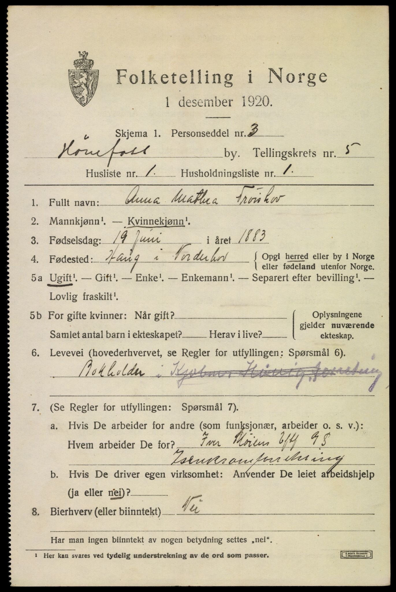 SAKO, 1920 census for Hønefoss, 1920, p. 6628