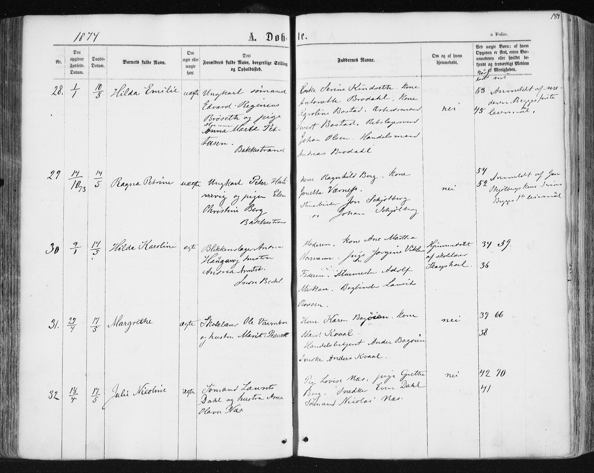 Ministerialprotokoller, klokkerbøker og fødselsregistre - Sør-Trøndelag, AV/SAT-A-1456/604/L0186: Parish register (official) no. 604A07, 1866-1877, p. 187