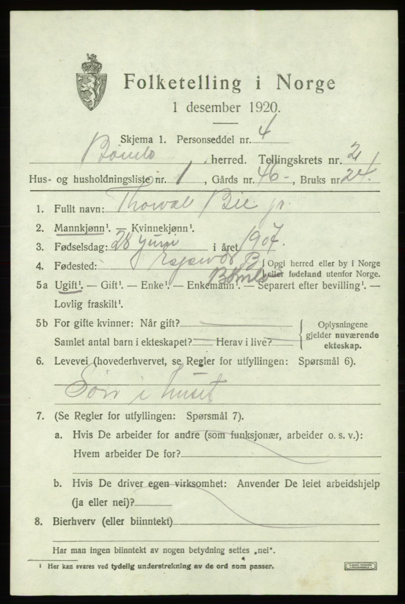 SAB, 1920 census for Bømlo, 1920, p. 1805