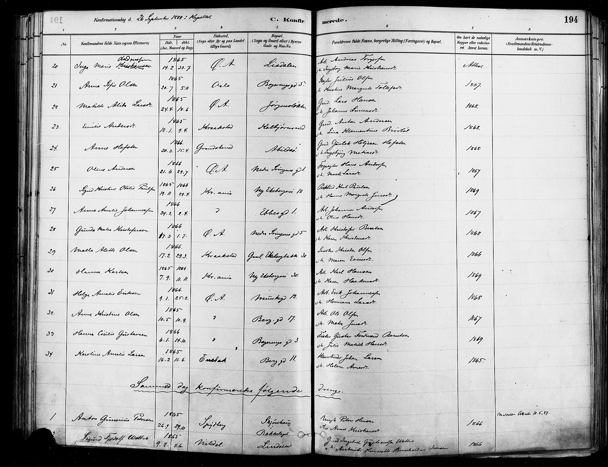 Østre Aker prestekontor Kirkebøker, AV/SAO-A-10840/F/Fa/L0006: Parish register (official) no. I 5, 1879-1882, p. 194