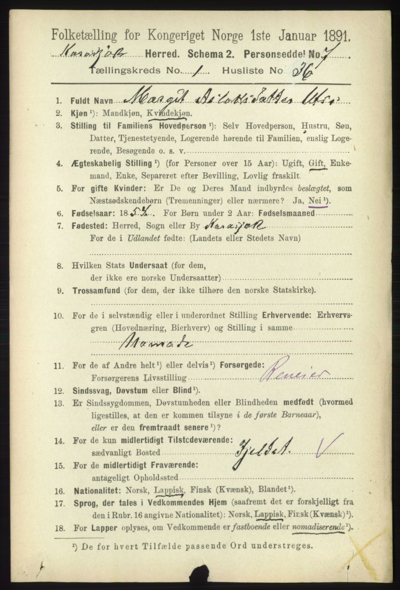 RA, 1891 census for 2021 Karasjok, 1891, p. 412