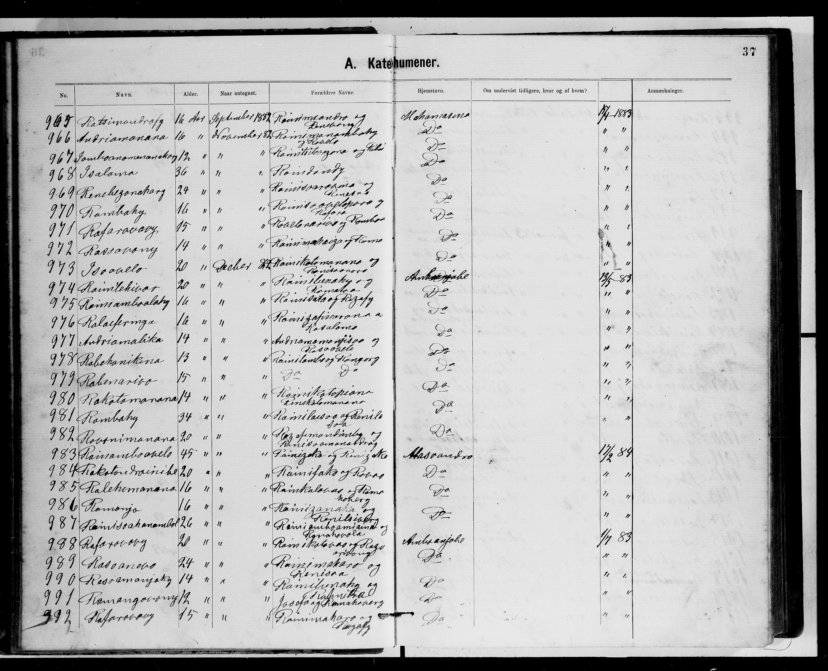 Archives FLM/NMS, Madagaskar, VID/MA-A-1163/D/Db/L0269: Parish register (official) no. 1, 1867-1884, p. 37