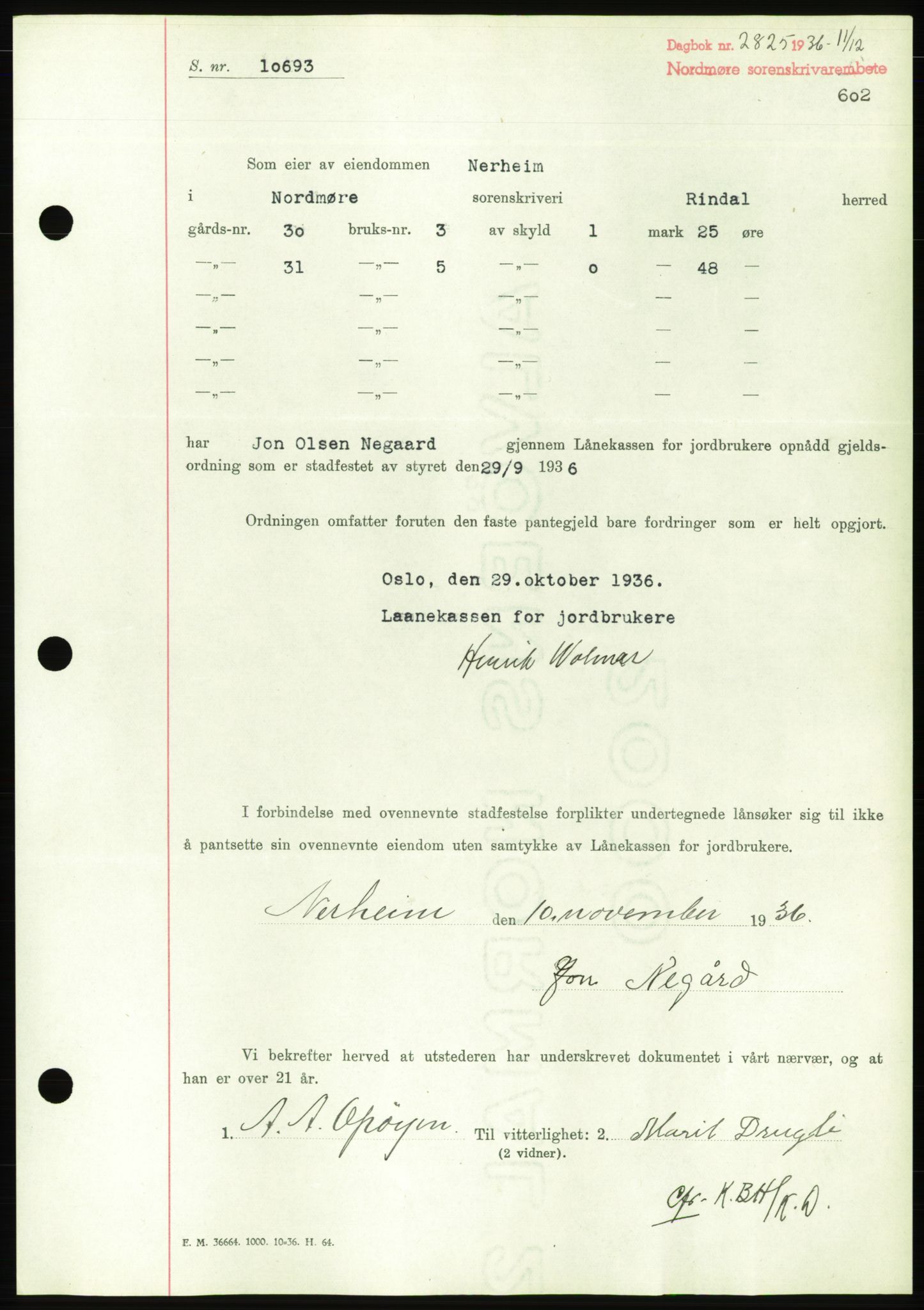 Nordmøre sorenskriveri, AV/SAT-A-4132/1/2/2Ca/L0090: Mortgage book no. B80, 1936-1937, Diary no: : 2825/1936