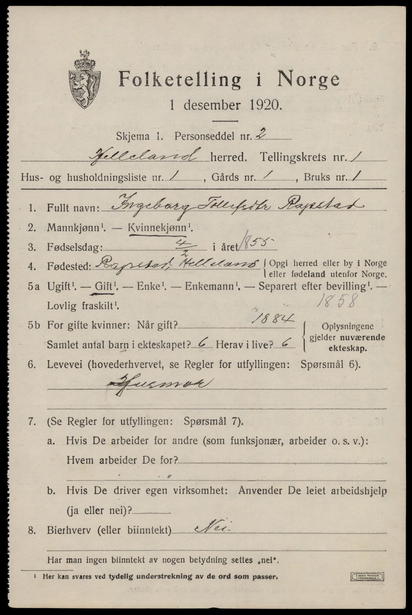 SAST, 1920 census for Helleland, 1920, p. 417