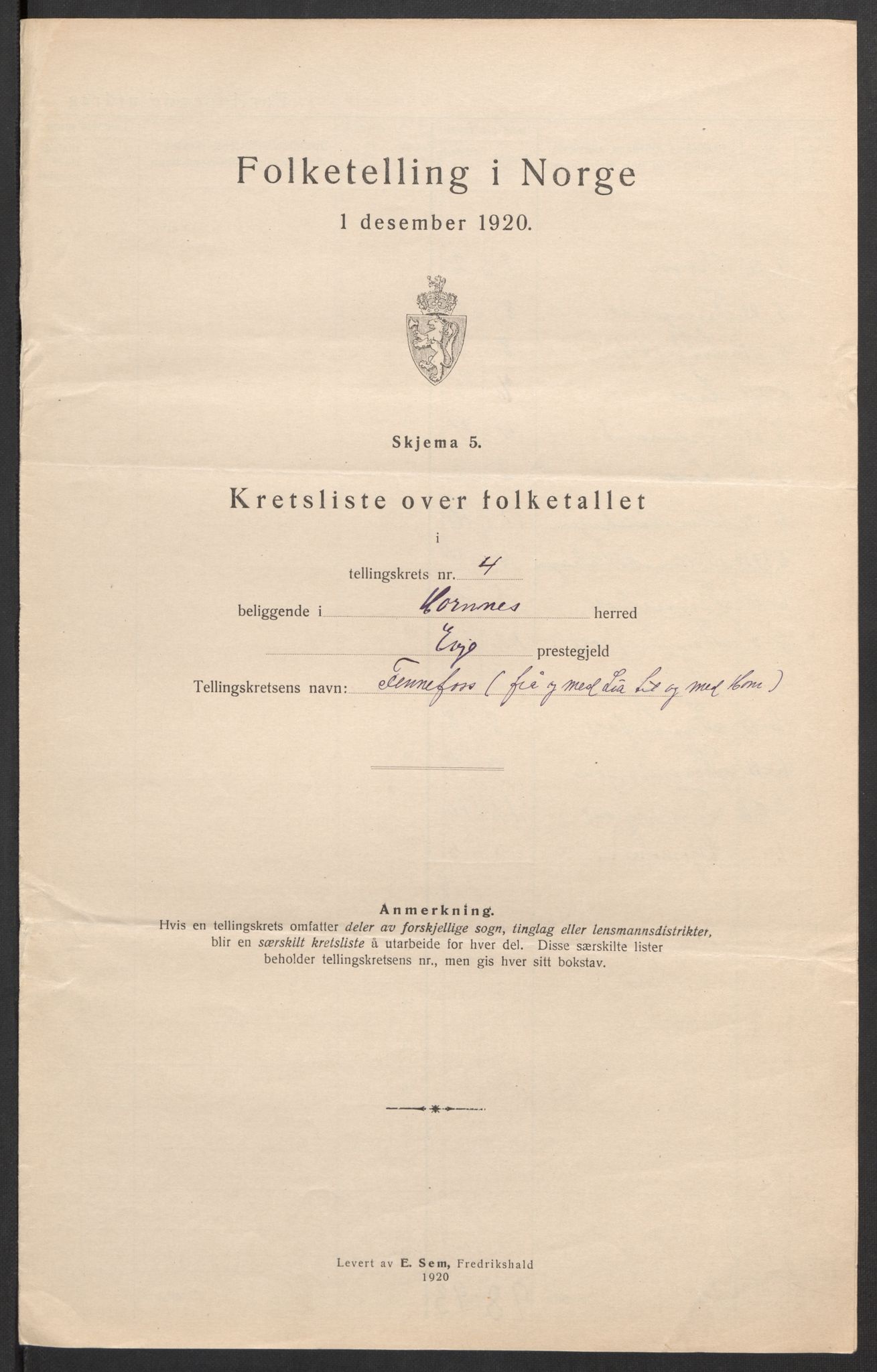 SAK, 1920 census for Hornnes, 1920, p. 20