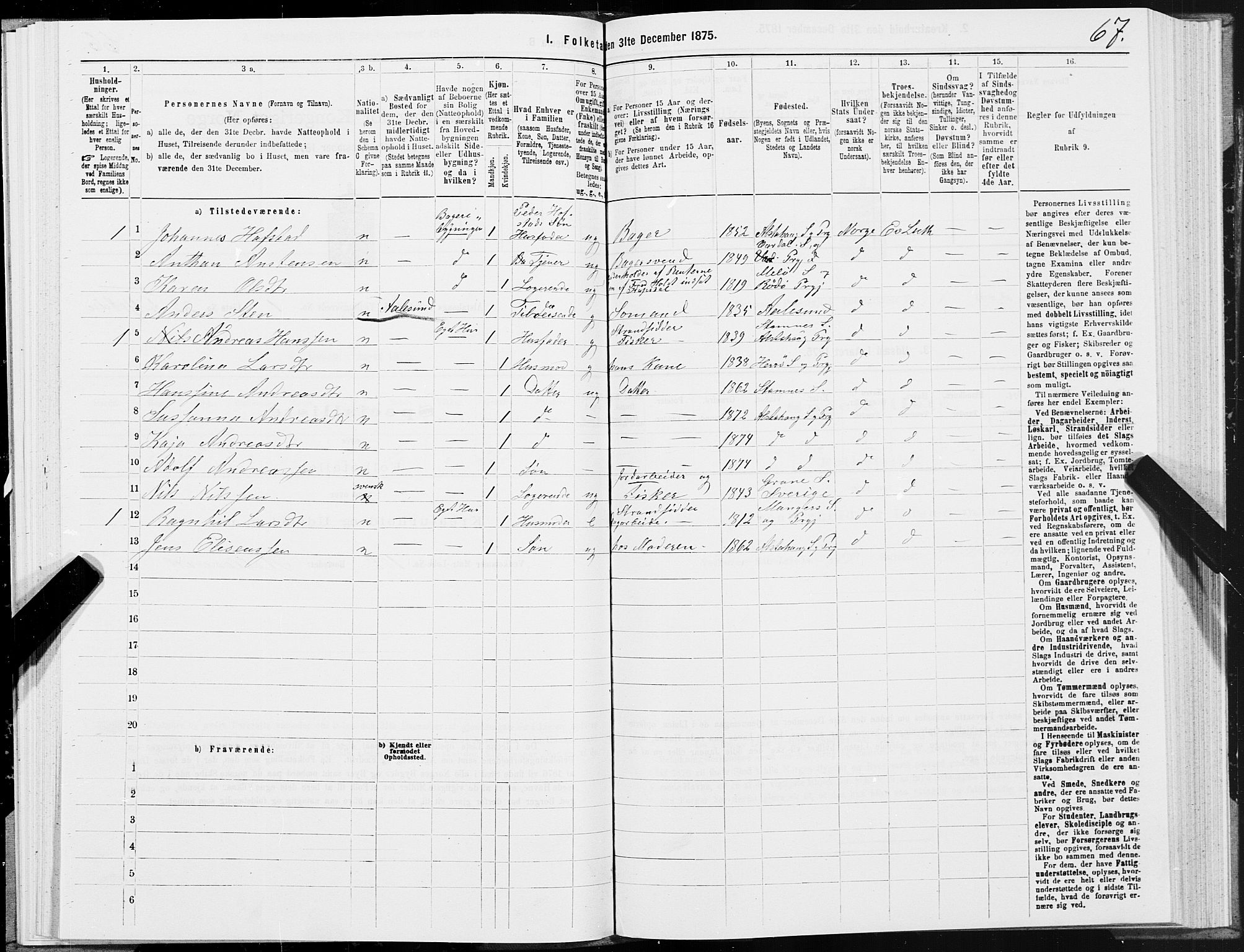 SAT, 1875 census for 1820P Alstahaug, 1875, p. 1067