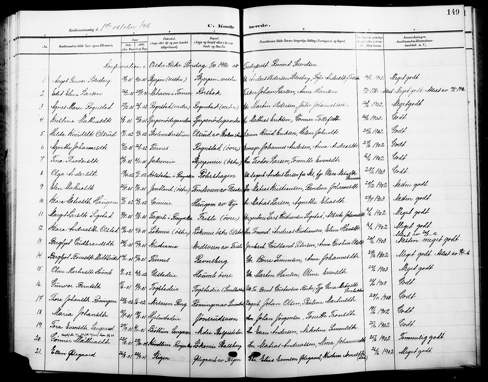 Ringsaker prestekontor, SAH/PREST-014/L/La/L0017: Parish register (copy) no. 17, 1905-1920, p. 149