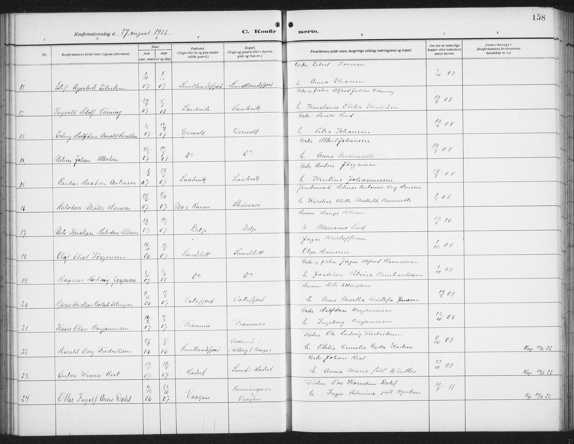 Ministerialprotokoller, klokkerbøker og fødselsregistre - Nordland, SAT/A-1459/876/L1106: Parish register (copy) no. 876C05, 1915-1942, p. 158