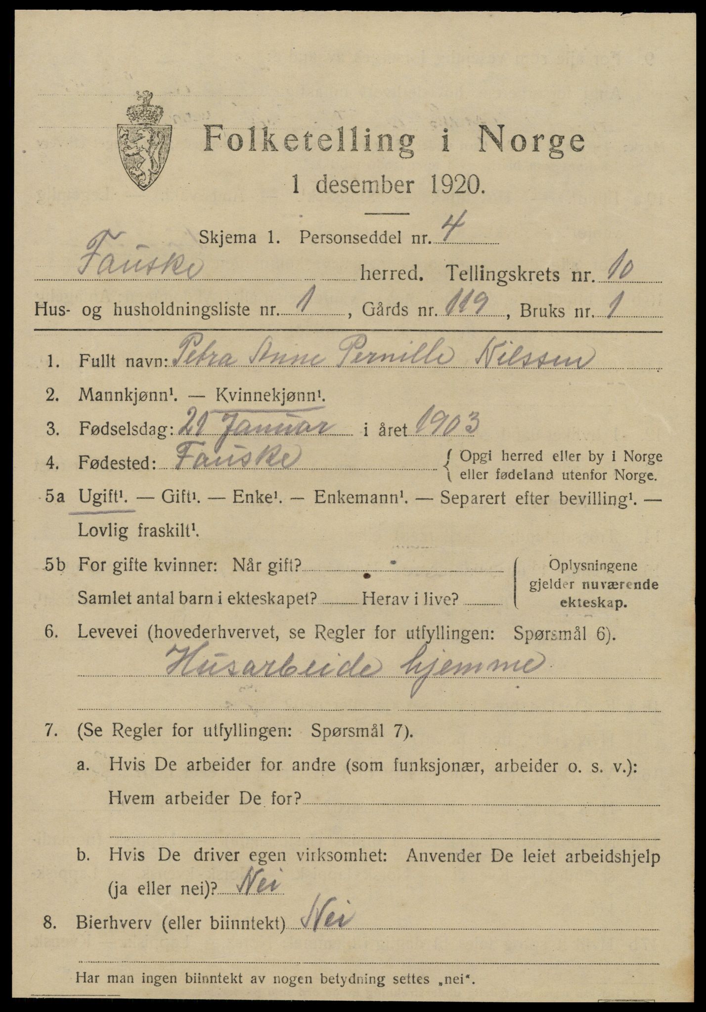 SAT, 1920 census for Fauske, 1920, p. 7598