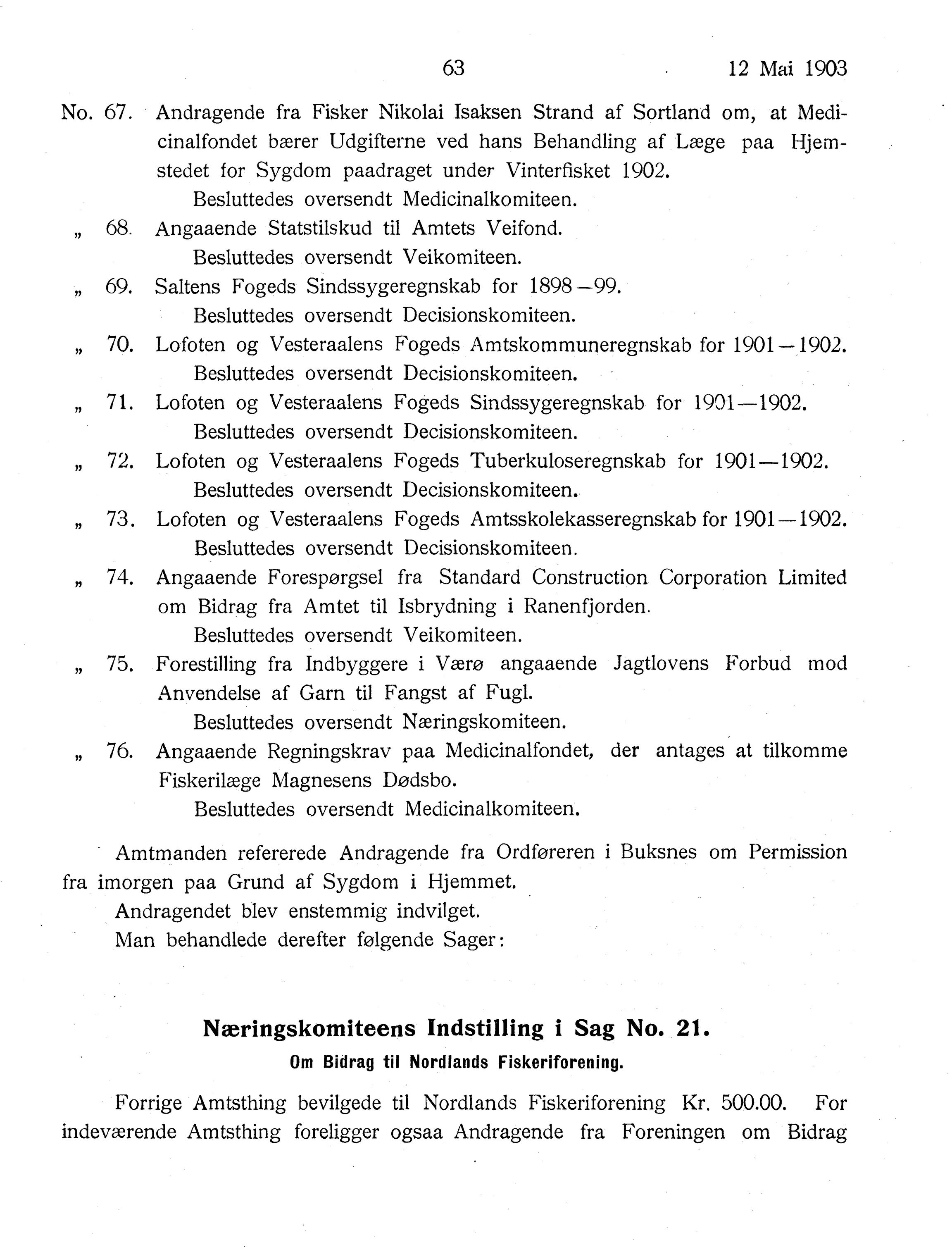 Nordland Fylkeskommune. Fylkestinget, AIN/NFK-17/176/A/Ac/L0026: Fylkestingsforhandlinger 1903, 1903