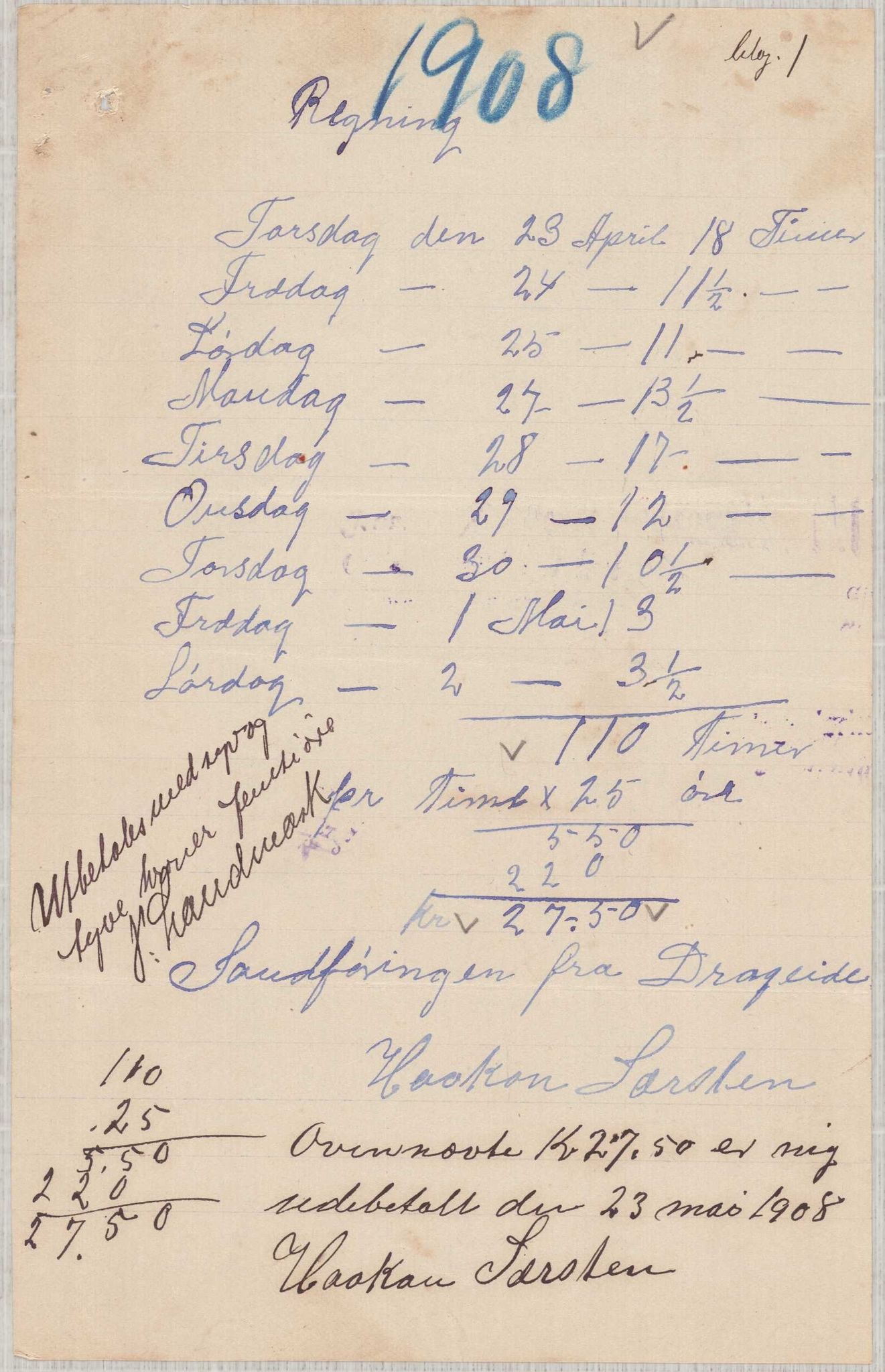 Finnaas kommune. Formannskapet, IKAH/1218a-021/E/Ea/L0002/0005: Rekneskap for veganlegg / Rekneskap for veganlegget Urangsvåg - Mælandsvåg, 1907-1909, p. 37