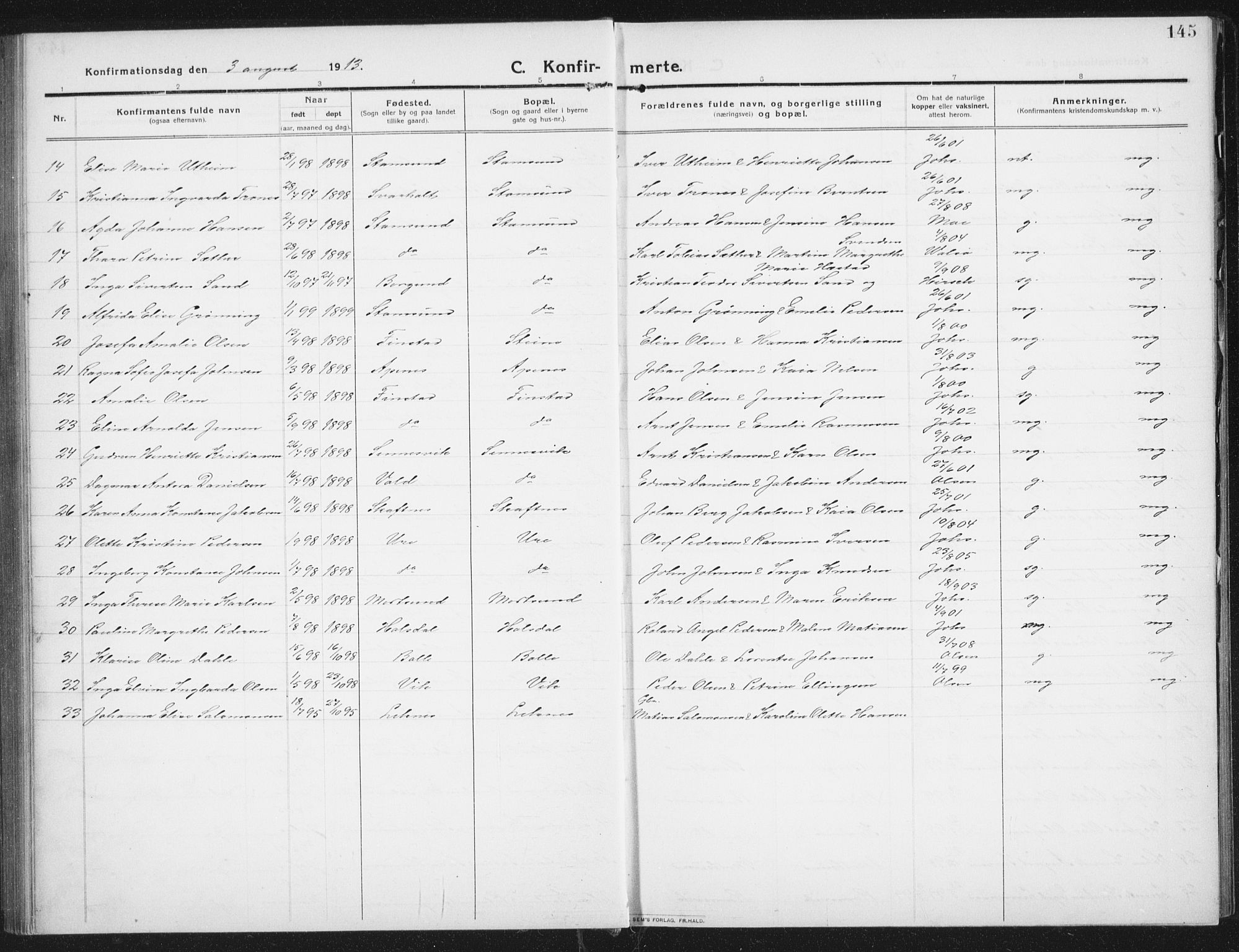 Ministerialprotokoller, klokkerbøker og fødselsregistre - Nordland, SAT/A-1459/882/L1183: Parish register (copy) no. 882C01, 1911-1938, p. 145