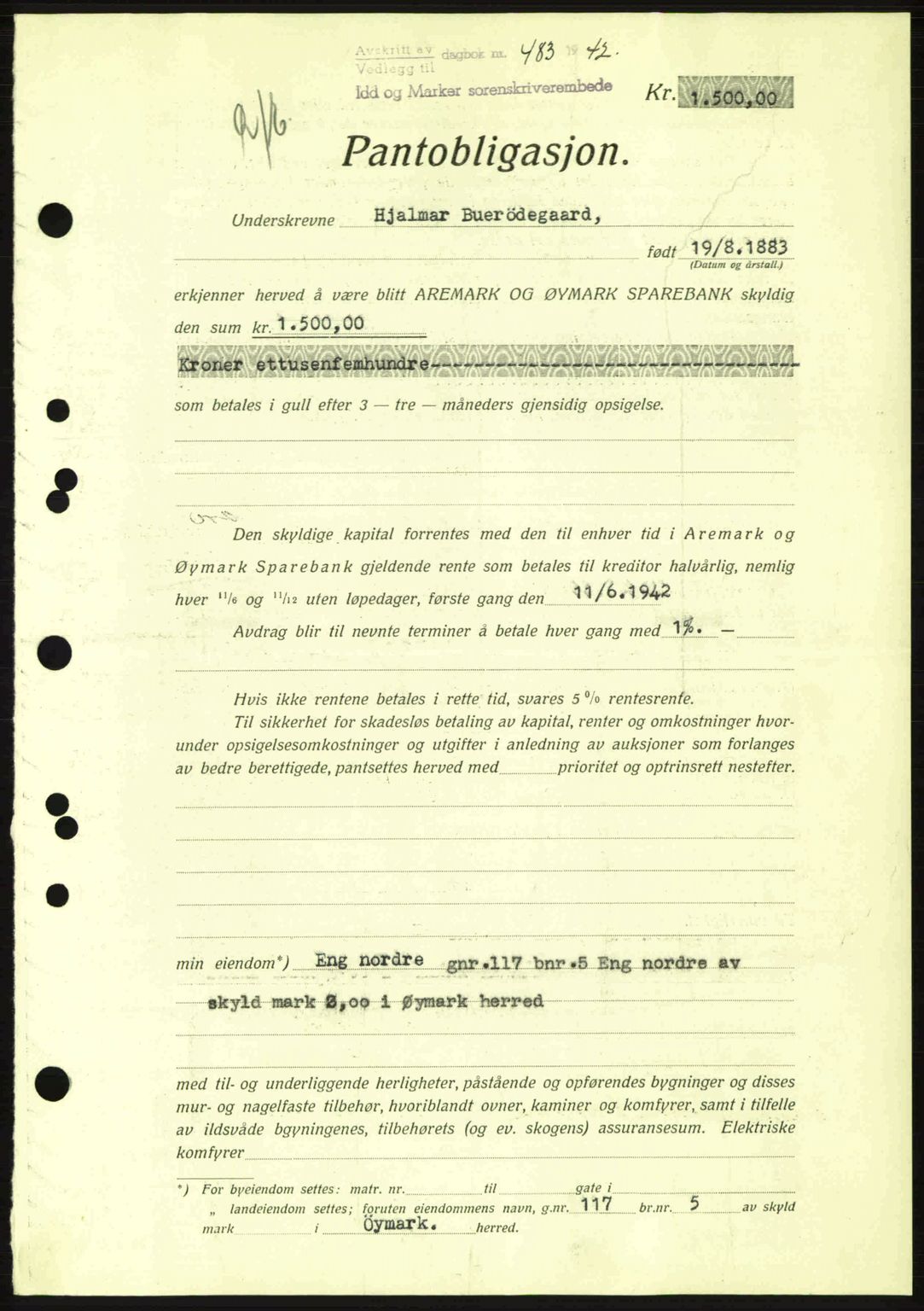 Idd og Marker sorenskriveri, AV/SAO-A-10283/G/Gb/Gbc/L0002: Mortgage book no. B4-9a, 1939-1945, Diary no: : 483/1942