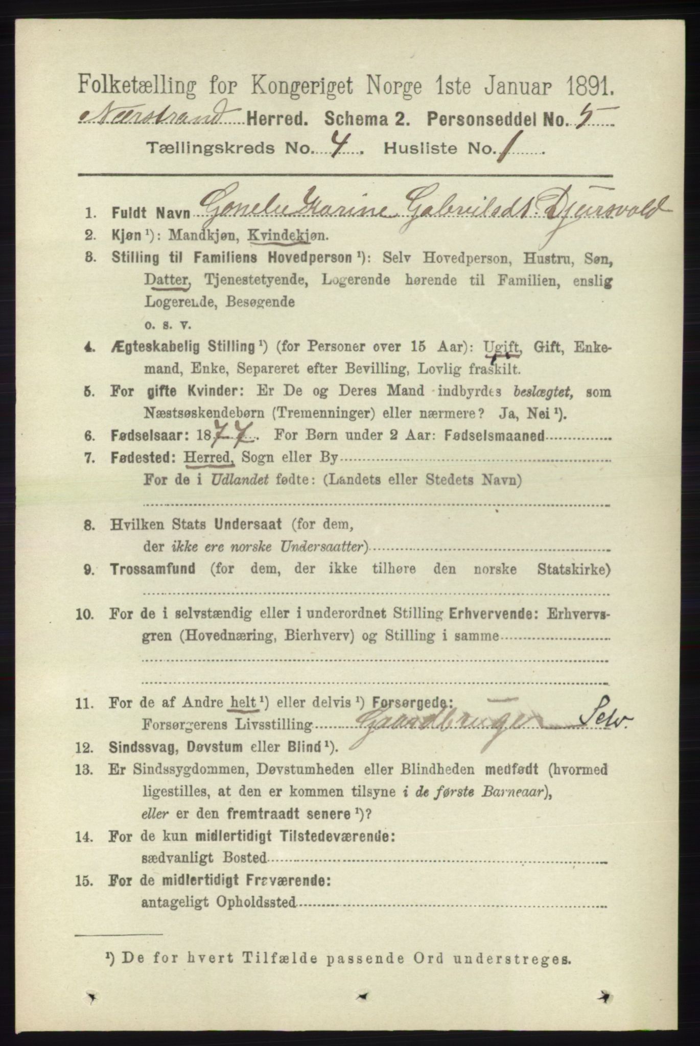 RA, 1891 census for 1139 Nedstrand, 1891, p. 652