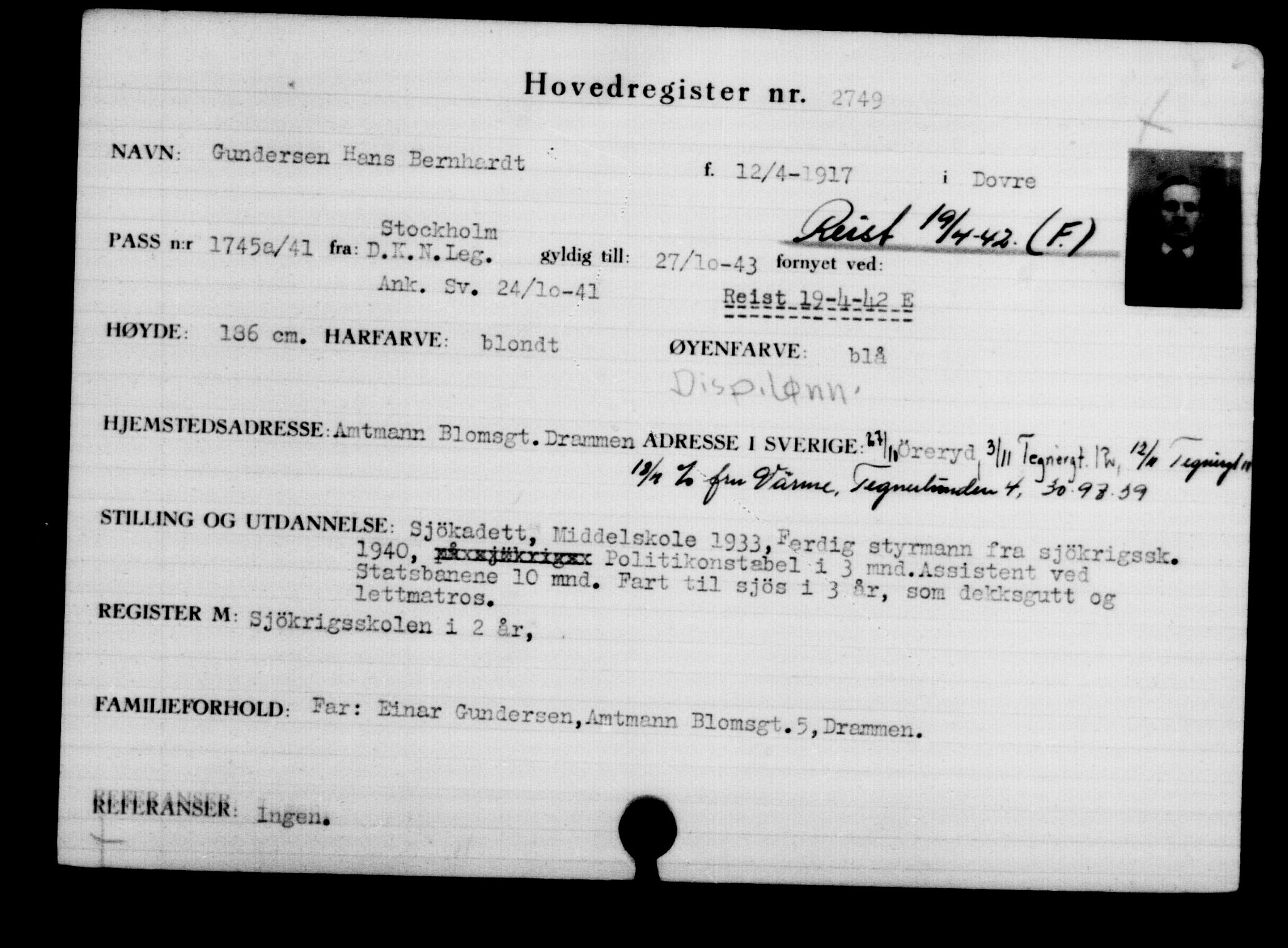 Utenriksstasjonene, Legasjonen i Stockholm, Flyktningkontoret, AV/RA-S-6753/V/Va/L0003: Kjesäterkartoteket, flyktninger med registreringsnr. 2001-3495, 1940-1945, p. 1135