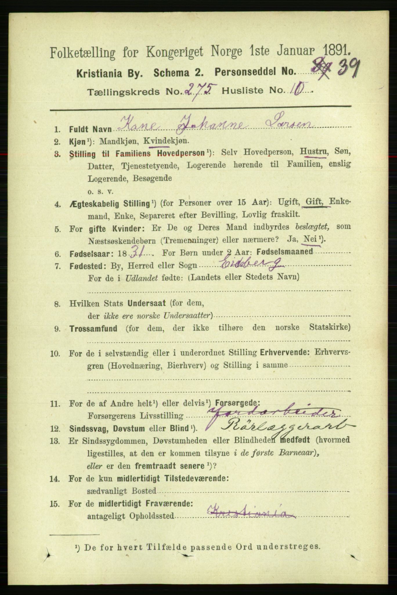 RA, 1891 census for 0301 Kristiania, 1891, p. 167136