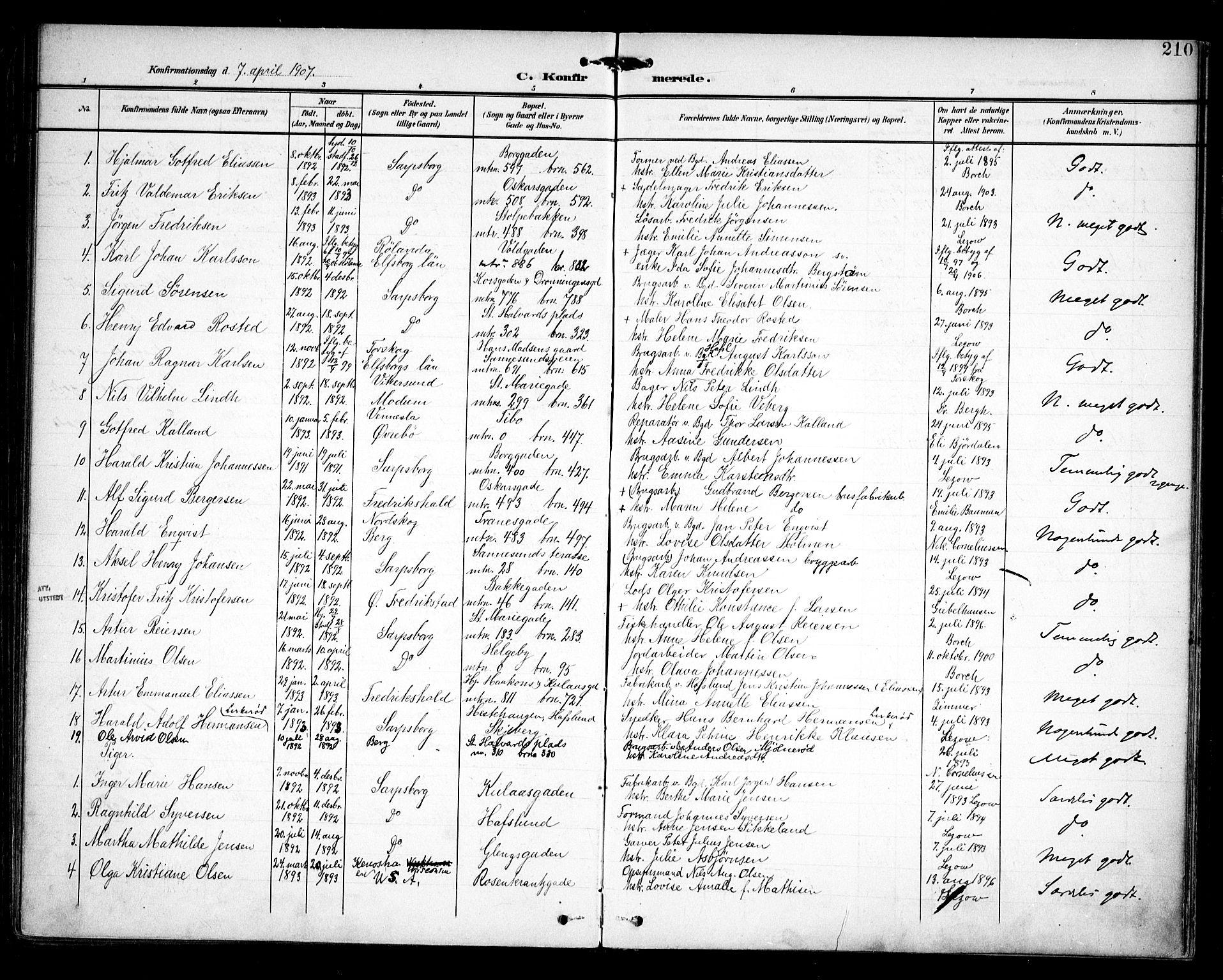 Sarpsborg prestekontor Kirkebøker, SAO/A-2006/F/Fa/L0005: Parish register (official) no. 5, 1900-1909, p. 210