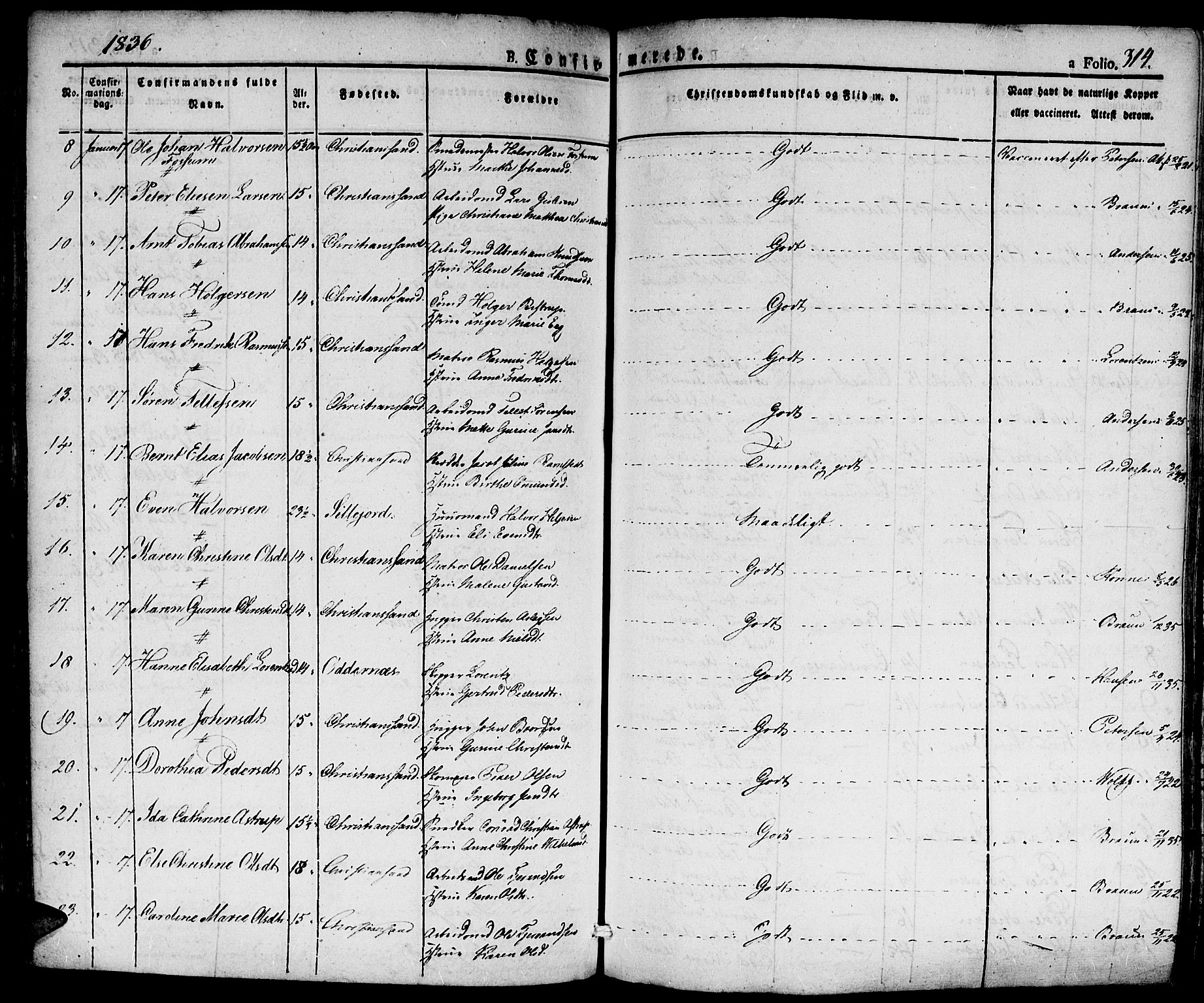Kristiansand domprosti, SAK/1112-0006/F/Fa/L0011: Parish register (official) no. A 11, 1827-1841, p. 314