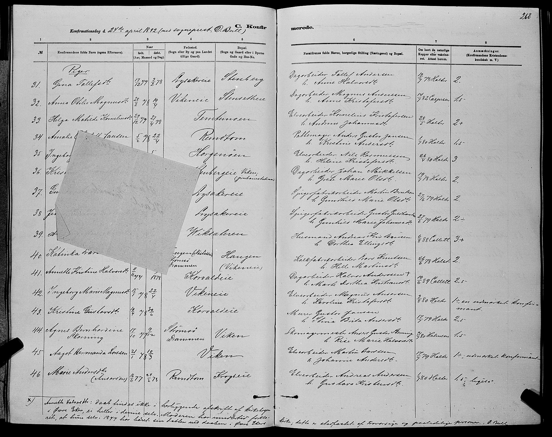 Nedre Eiker kirkebøker, AV/SAKO-A-612/G/Ga/L0002: Parish register (copy) no. 2, 1880-1896, p. 268